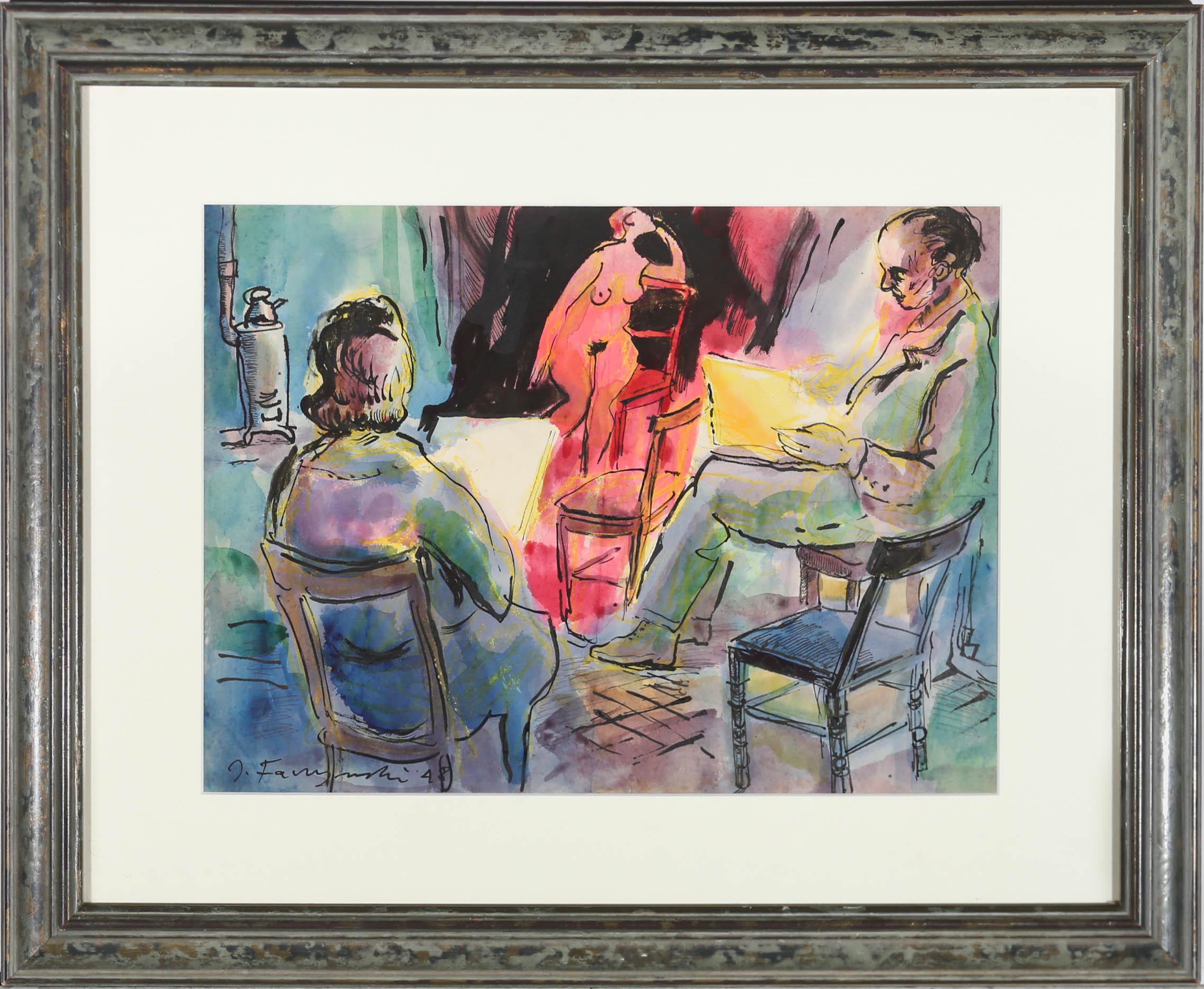 Des étudiants en art semblent occupés à dessiner dans cette étude colorée d
un cours de dessin de vie. Signé et daté en bas à gauche. Bien présenté dans une monture blanche impeccable et un cadre de style contemporain. Fini dans un effet de métal