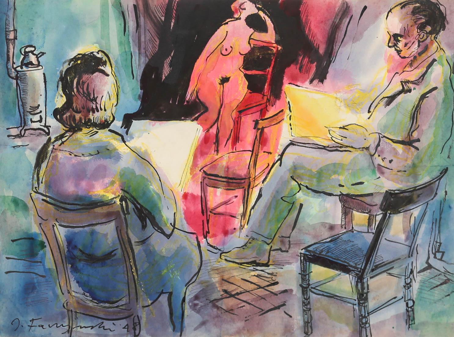 Jerzy Faczynski (1917-1995) - Aquarelle et encre de 1948 encadrée, La classe de vie 1