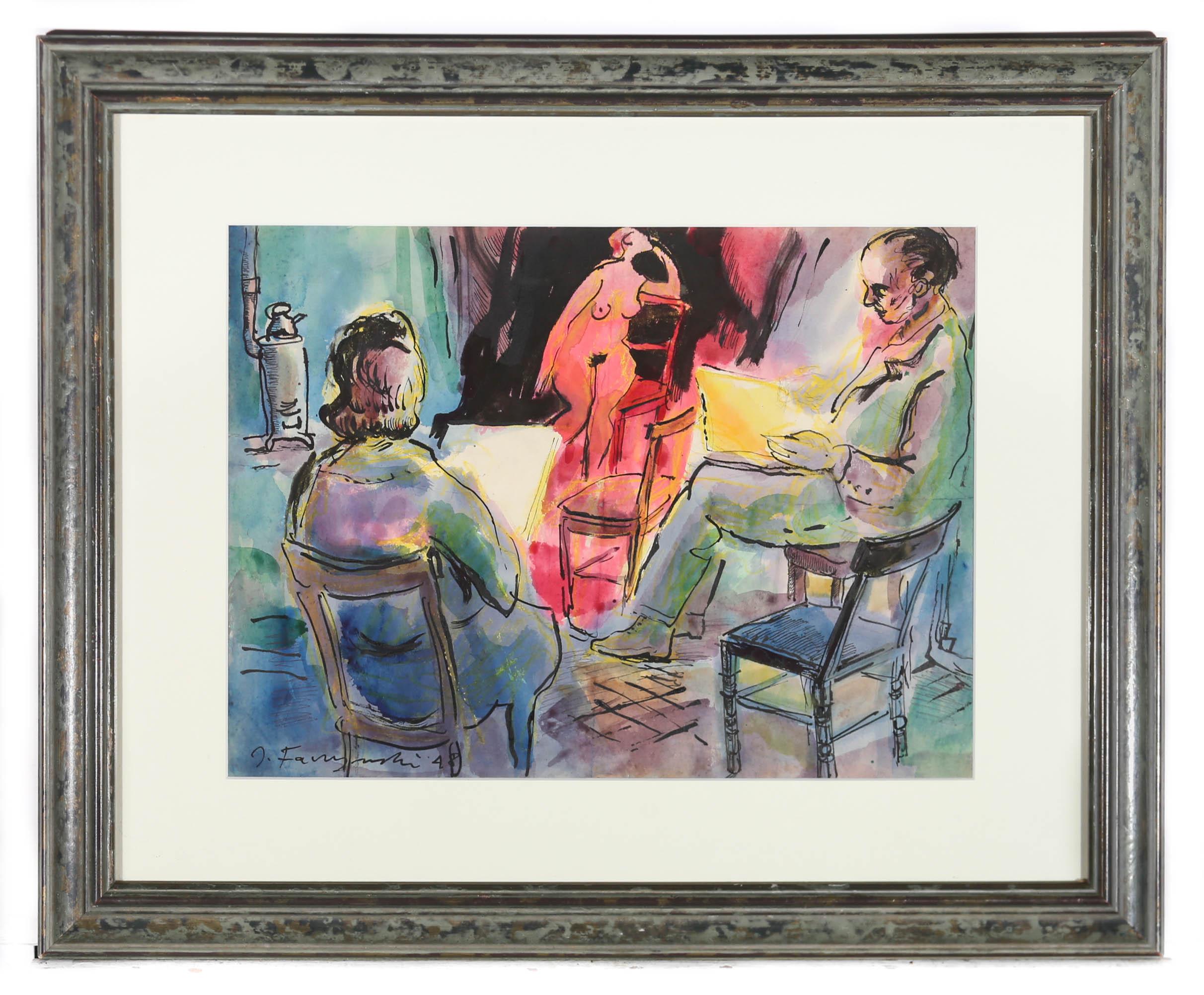 Jerzy Faczynski (1917-1995) - Aquarelle et encre de 1948 encadrée, La classe de vie 2