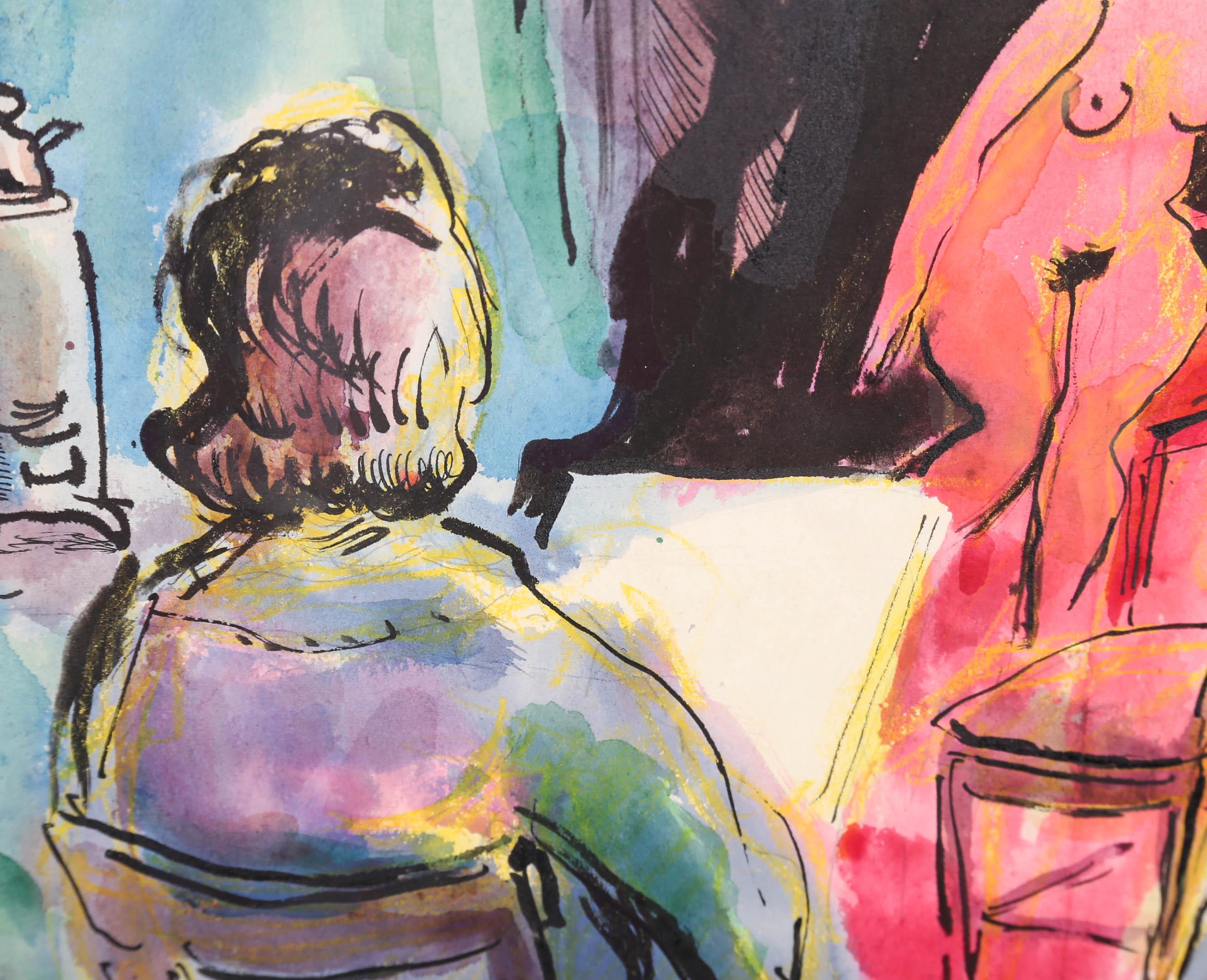 Jerzy Faczynski (1917-1995) - Aquarelle et encre de 1948 encadrée, La classe de vie 4