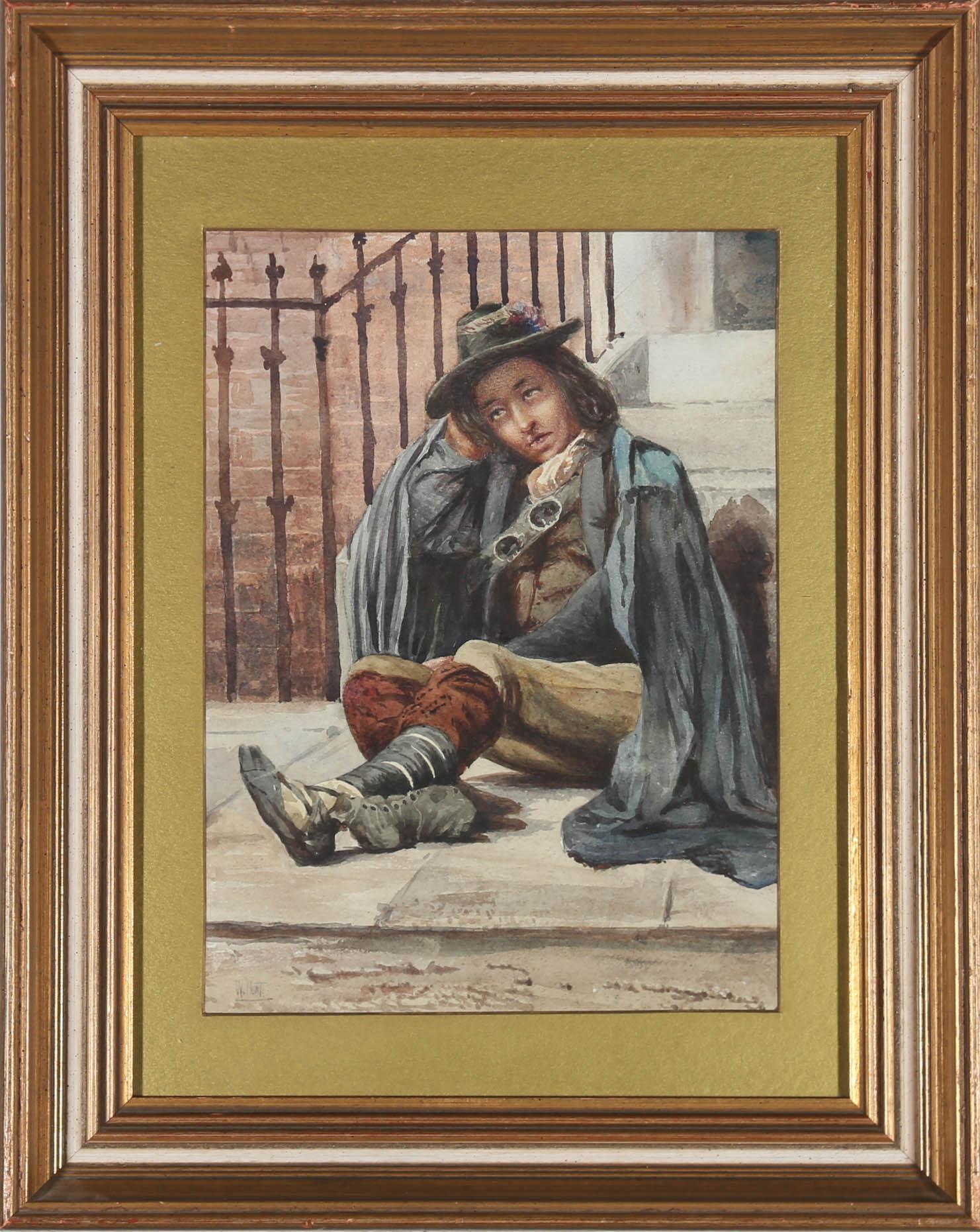 William Henry Hunt (1790-1864) - Aquarelle, Cavalier assis près d'un escalier