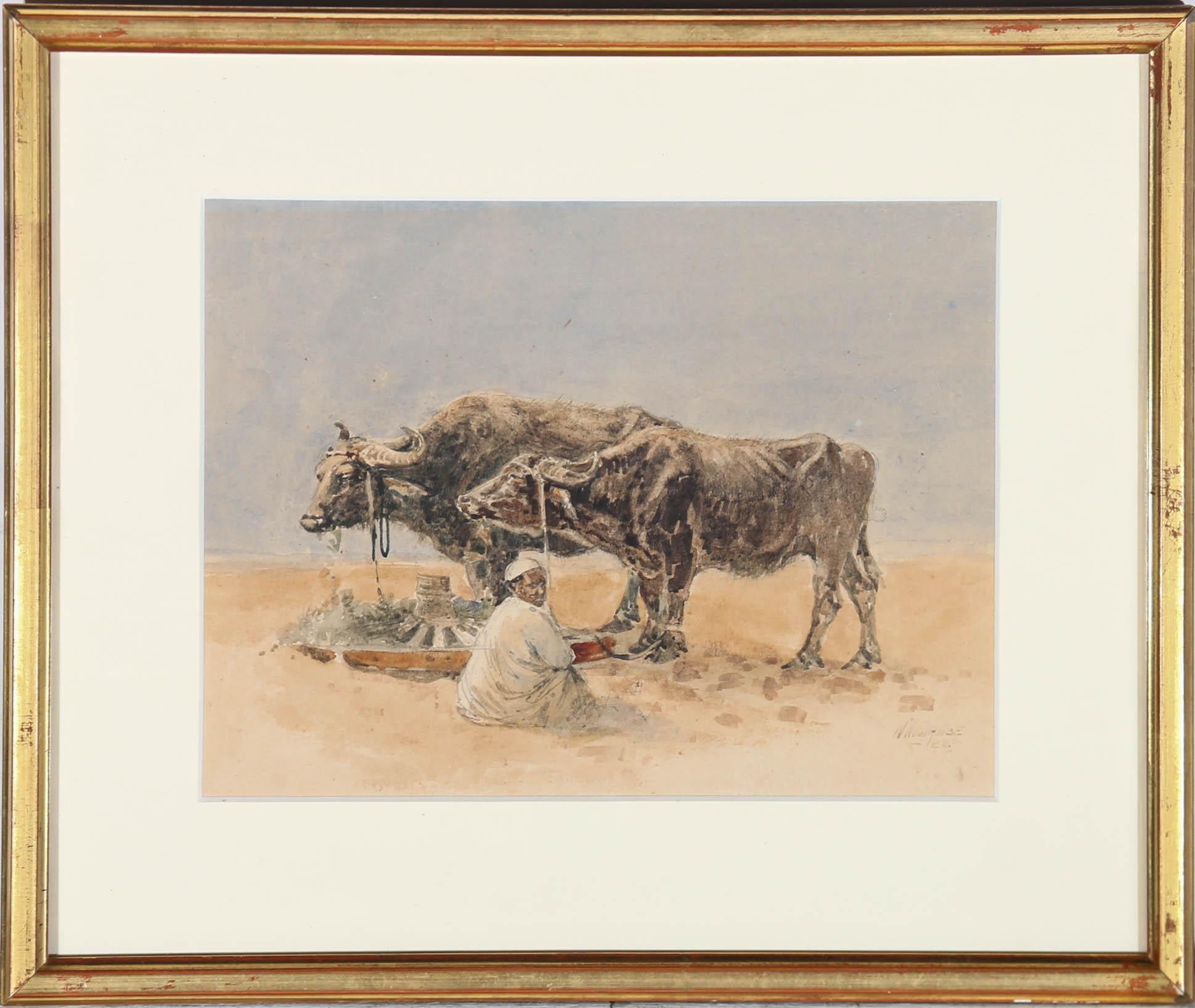 This exquisite eastern watercolour depicts a native cattle farmer, leading his two haltered oxen to feed in a barren desert landscape. The painting has been signed and dated to the lower right. Immaculately presented in an elegant bevelled edged