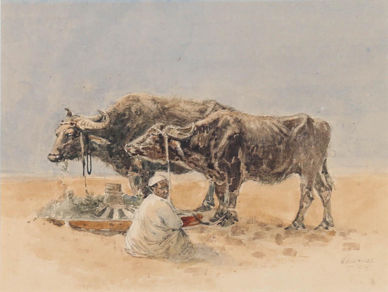 William Woodhouse (1857-1939) - Framed 1889 Watercolour, Oxen in the Desert For Sale 1