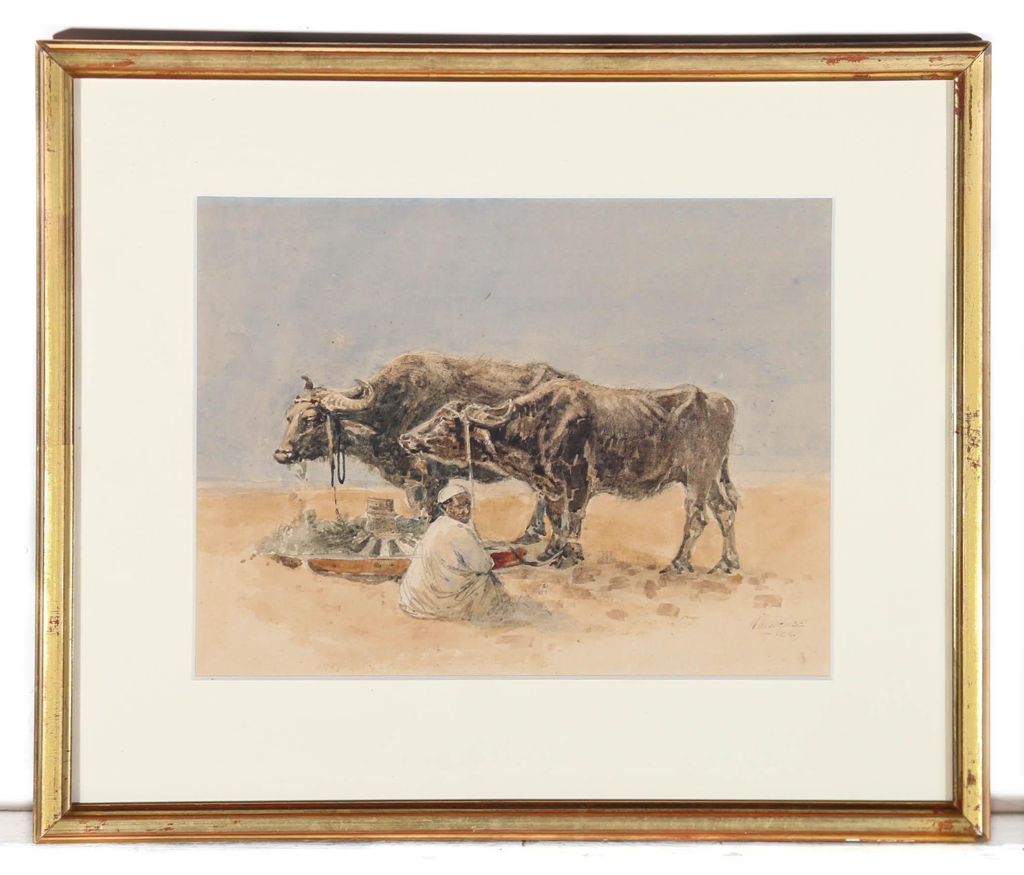 William Woodhouse (1857-1939) - Framed 1889 Watercolour, Oxen in the Desert For Sale 2