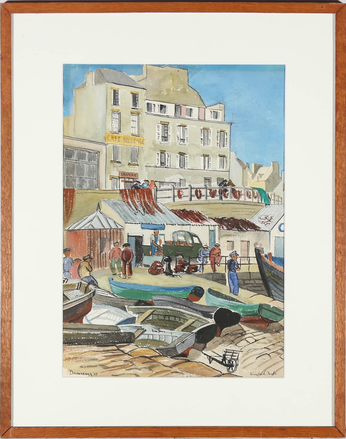 A charming French harbour scene in gouache showing fisherman, waiting in groups on the stone harbour, for the boats to come in. Their nets can be seen drying over the railings and on the corrugated roofs of fishing huts. This piece is a fine example