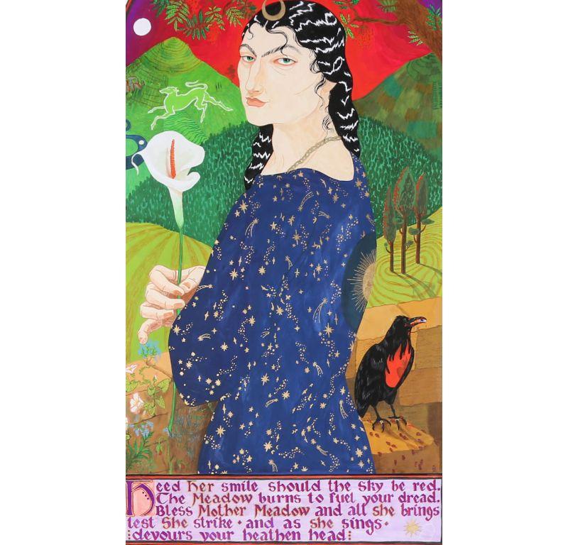 An exquisite, contemporary portrait with influences of Art Nouveau and medieval illumination. The scene shows a A beautiful, yet menacing woman in a star covered dress, standing over a vast landscape of rolling hills under a foreboding red sky. A