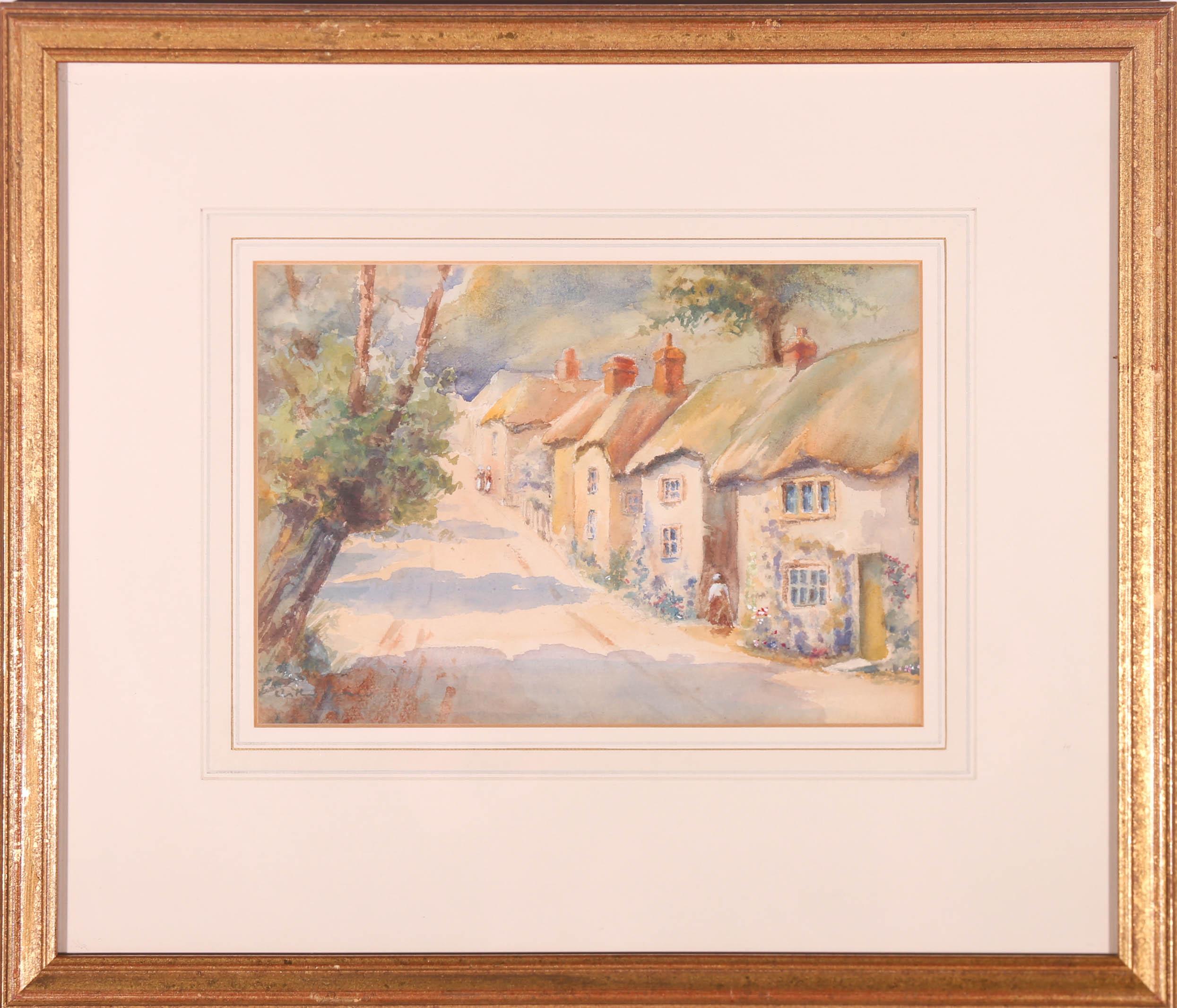 Dieses beeindruckende Aquarell von Arthur Spooner (1873-1962) zeigt eine perspektivische Ansicht einer sonnigen Dorfstraße mit hübschen reetgedeckten Häusern auf der rechten Seite. Das Kunstwerk ist unten links und auf der Rückseite signiert.