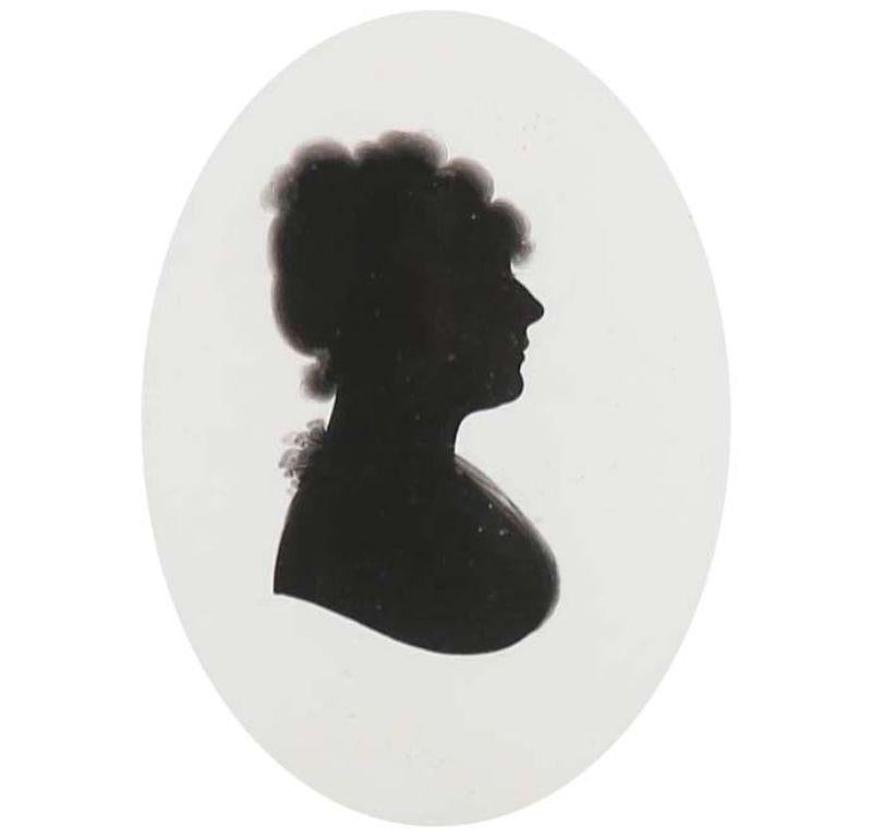 An exquisite pair of later 18th century silhouettes after prolific profile painter John Miers. The first depicts the sitter Mary Burrow in profile to the right with her hair styled up and wearing a dress. While the second has the potential to be