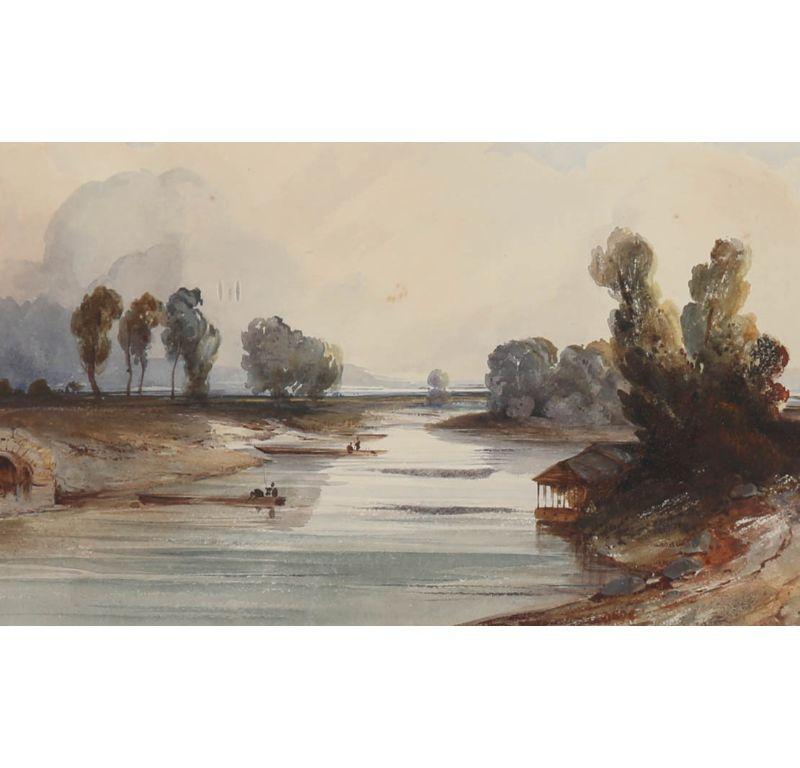 Attributed to renowned English painter, John Sell Cotman (1782–1842) - this delicate watercolour shows silhouetted figures fishing on a quiet estuary. The painting has been inscribed to the reverse with the artist's name. Beautifully mounted in a