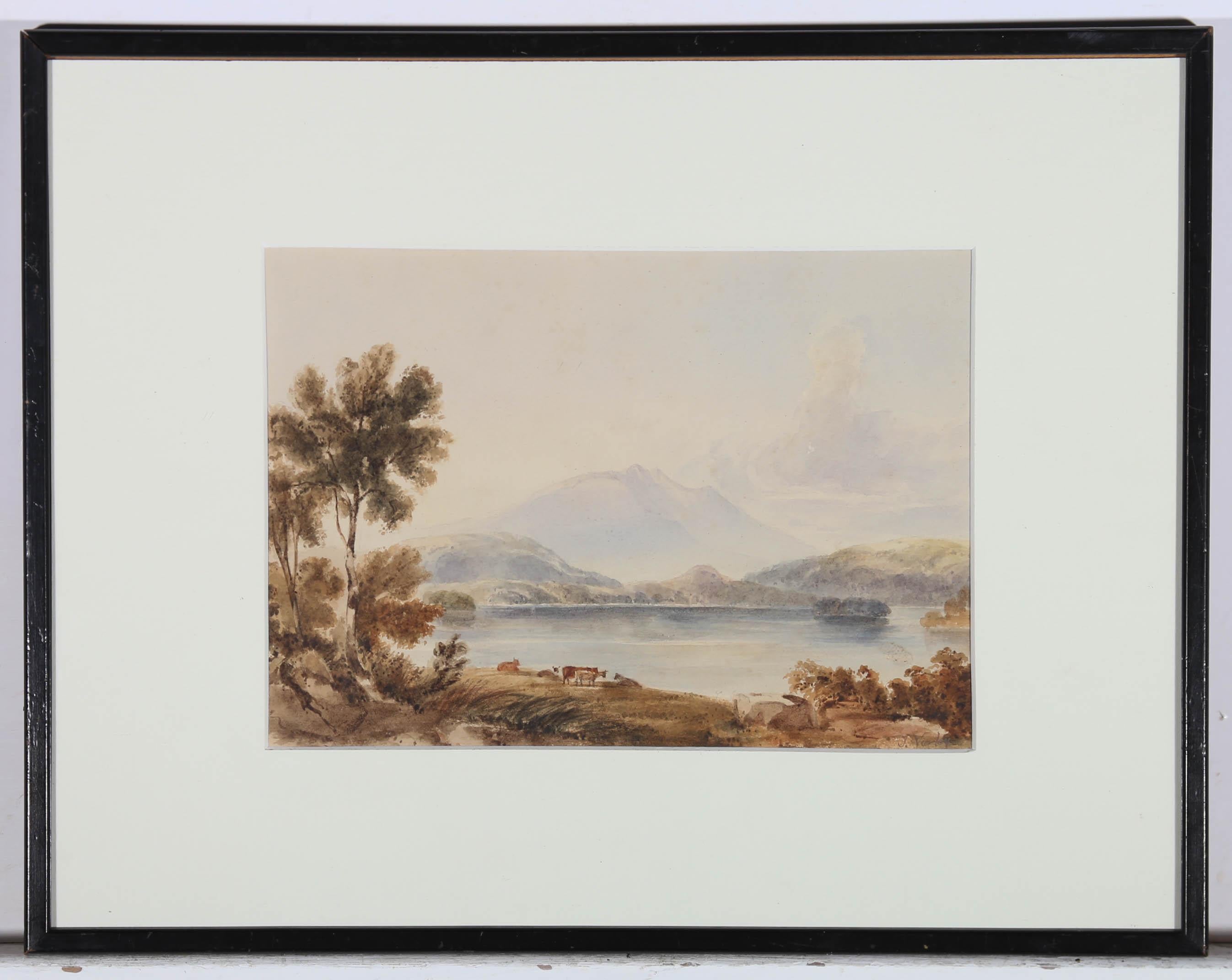 Attribut. John Varley (1778-1842) - Aquarell des frühen 19. Jahrhunderts, Kühe am See im Angebot 2