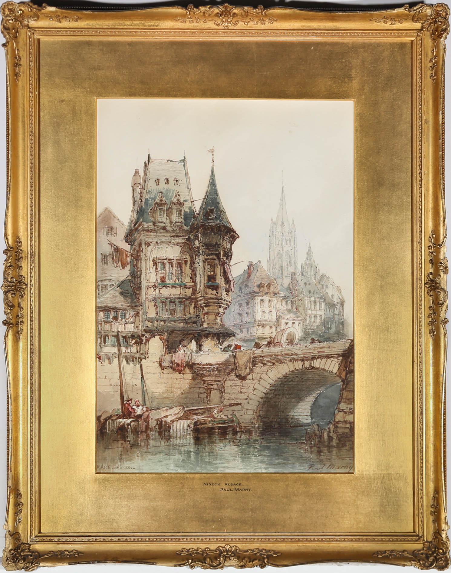 Une charmante vue du 19e siècle de Nideck, en Alsace, en France. L'artiste a merveilleusement capturé l'architecture complexe et la nature animée de la ville. L'artiste a signé en bas à droite et inscrit le lieu en bas à gauche. Le tableau a été
