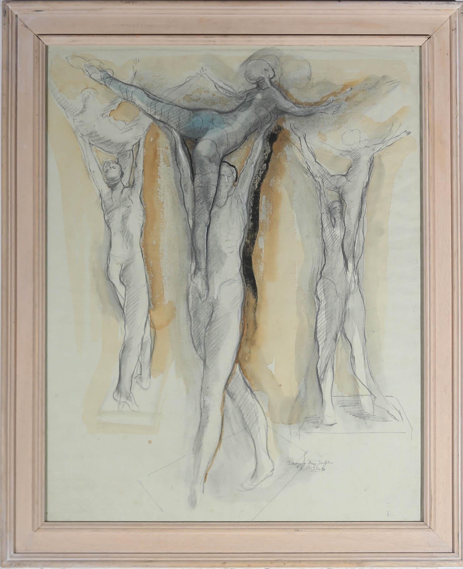 A charming design for a dance sculpture sketched in charcoal, chalk and watercolour. Signed titled and dated to the lower right. Presented in a painted wooden frame. On paper. 
