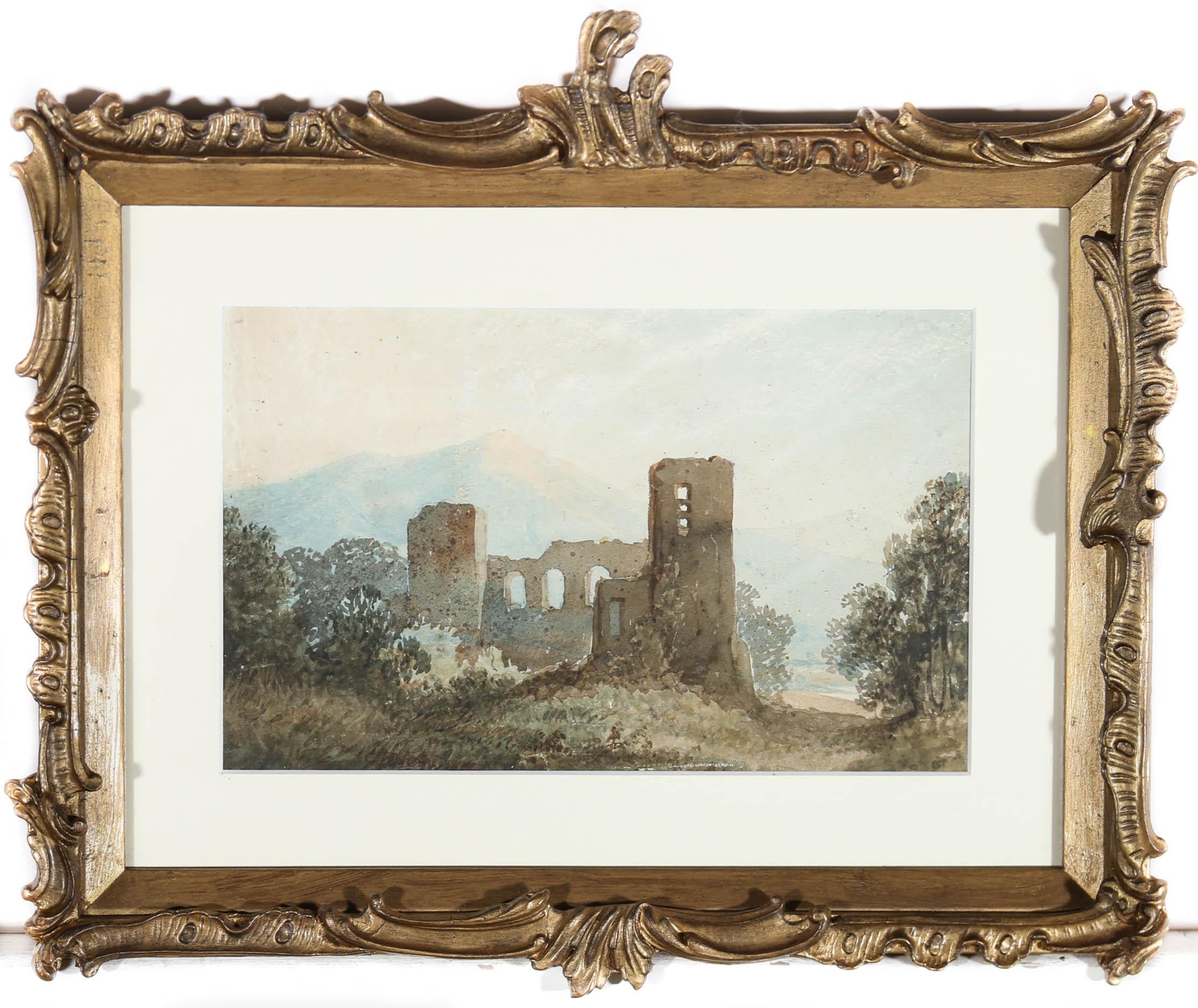 Unknown Landscape Art – Gerahmtes Aquarell aus der Mitte des 19. Jahrhunderts – Ruinen am Berg