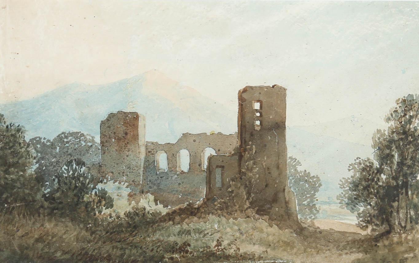 Gerahmtes Aquarell aus der Mitte des 19. Jahrhunderts – Ruinen am Berg – Art von Unknown