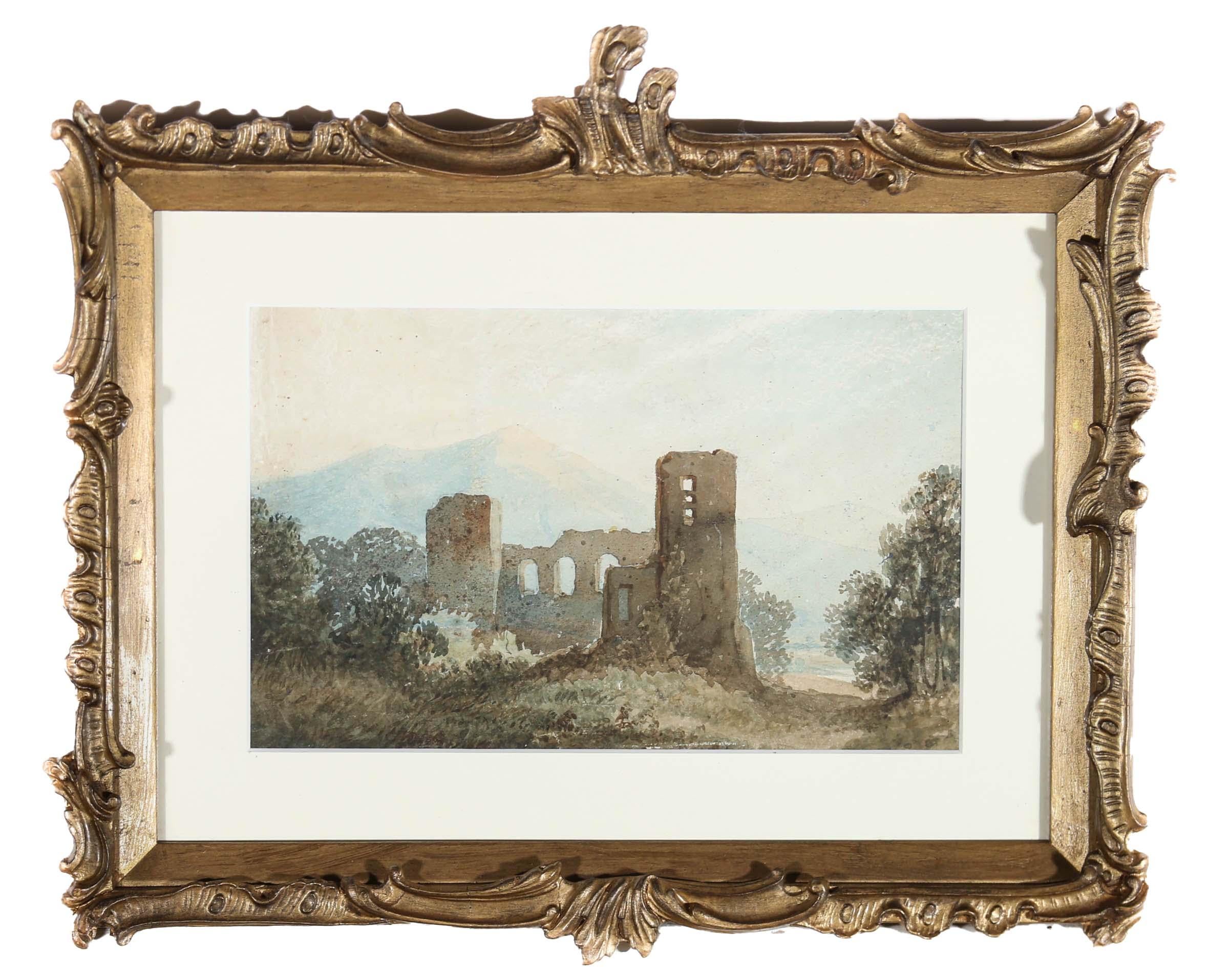 Mountains shadow castle ruins in this fine mid-century watercolour. The peaceful scene has been beautifully presented in an ornate gilt-effect frame with acanthus leaf mouldings and two centre cartouches. Unsigned. On paper.