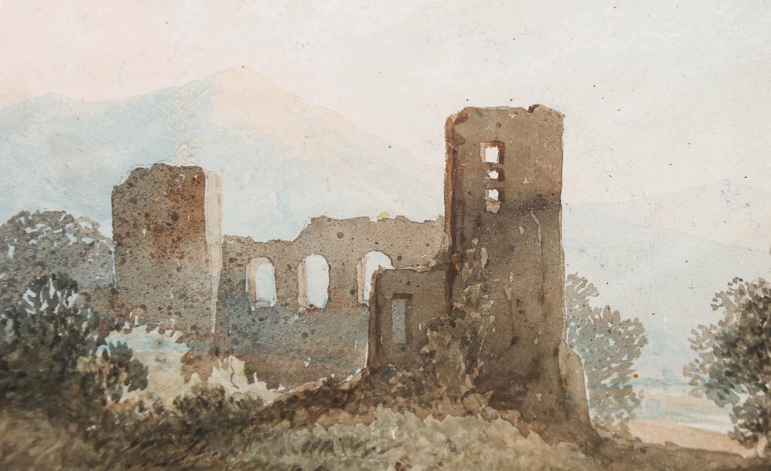 Gerahmtes Aquarell aus der Mitte des 19. Jahrhunderts – Ruinen am Berg im Angebot 2