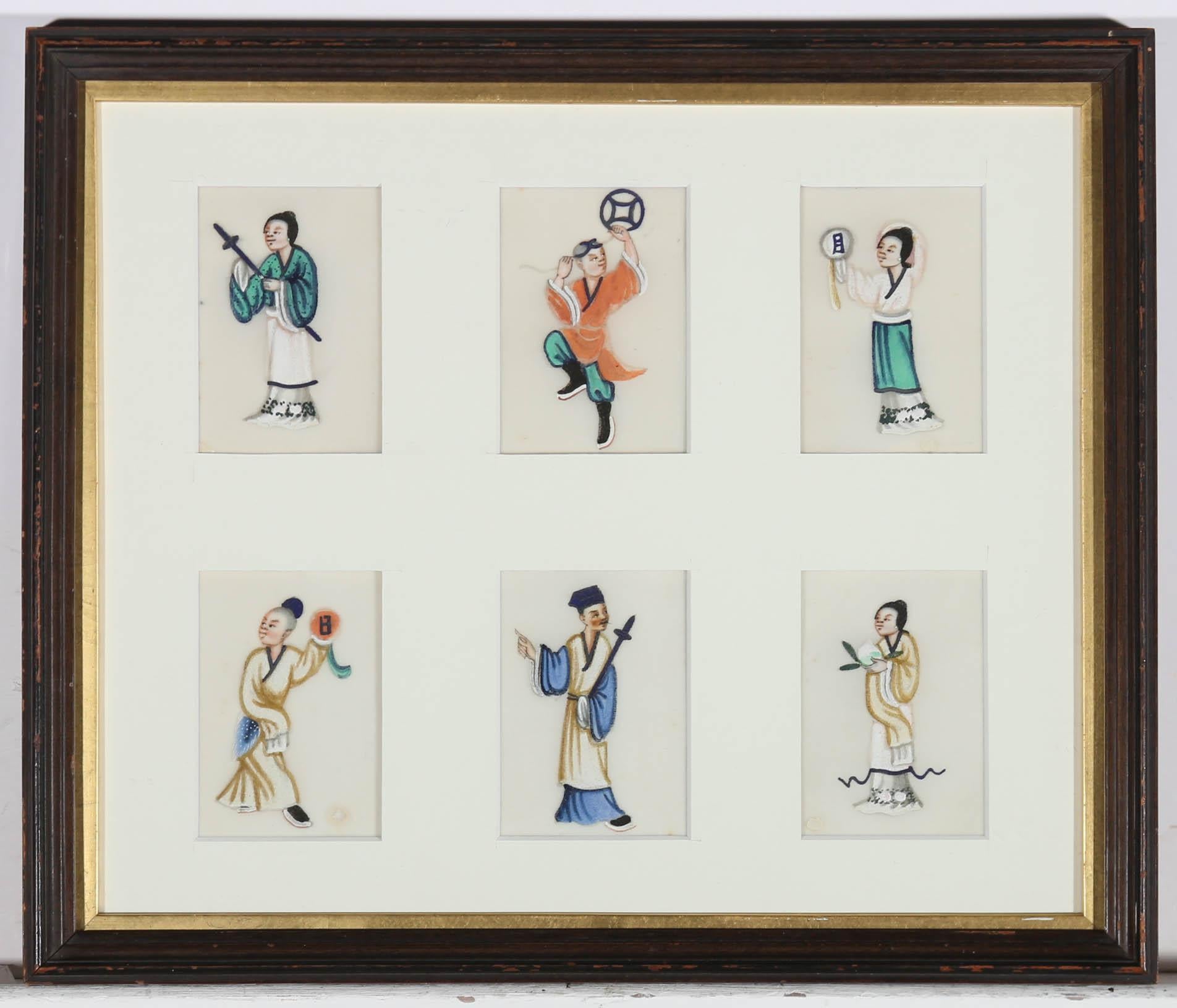 A charming and vibrant set of 20th Century Chinese costume studies in traditional gouache and watercolor on pith paper. Presented in a dark wood frame with internal gilt slip and 6 window card mount. On pith paper.