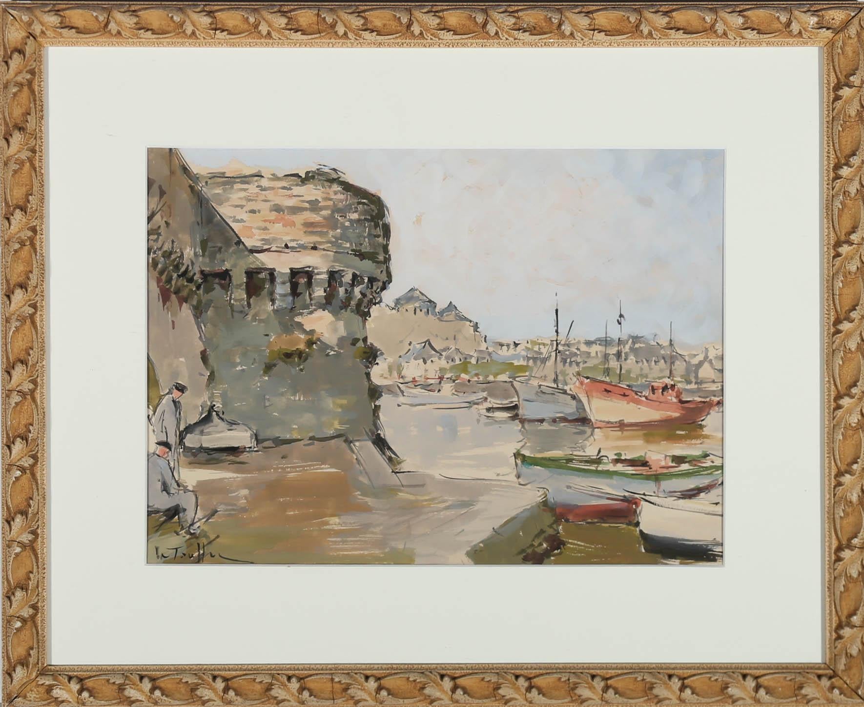 Unknown Figurative Art - Framed French School Mid 20th Century Watercolour - Old City Harbour