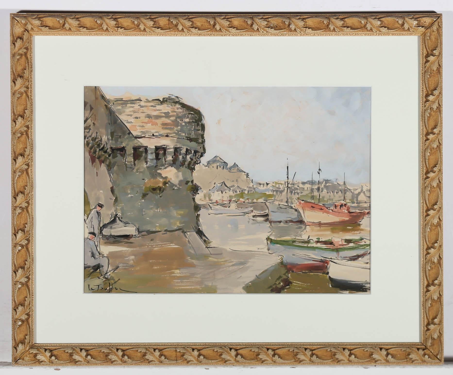 This refreshing watercolour depicts a sunny harbour scene with two fishermen noticeable beside an obtruding castellated wall. The artist has used gouache in selective areas to create a sense of movement and atmosphere in the coastal composition. The