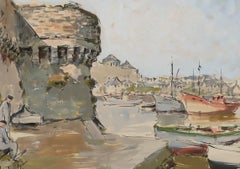 Framed French School Mid 20th Century Watercolour - Old City Harbour