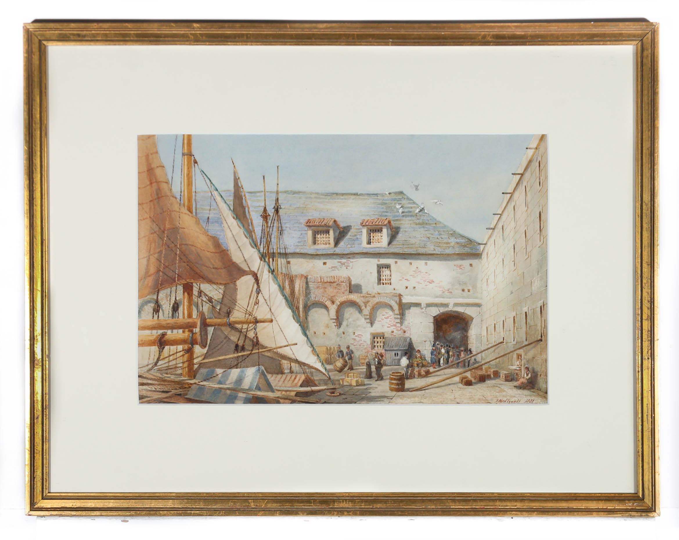 A delightful watercolour scene depicting a busy corner of Genoa Harbour on a sunny day. The large sails of the ships cast shadows over the scene, covering the men moving barrels and the small crowd that has gathered beneath an archway. Signed and