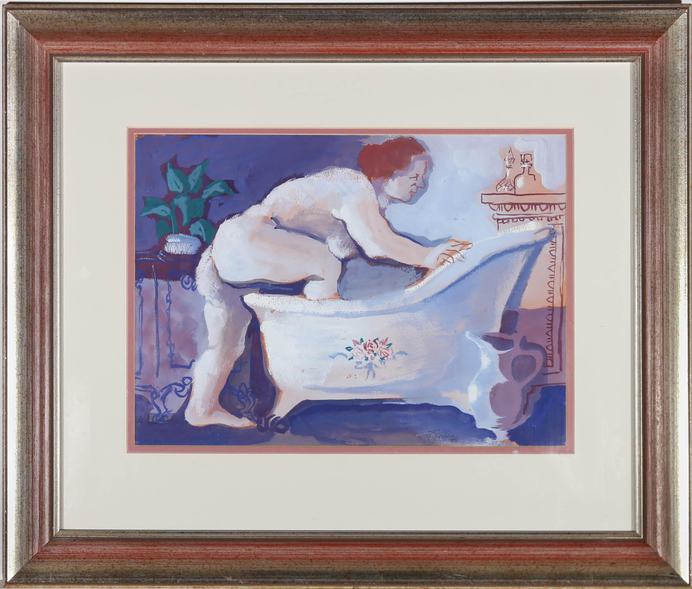 A eye-catching study by Cyril Fradan, depicting a nude figure climbing into a beautiful freestanding bath. The scene has been painted in all shades of purple to represented evening light, with clouds of steam rising from the tub on the right-hand
