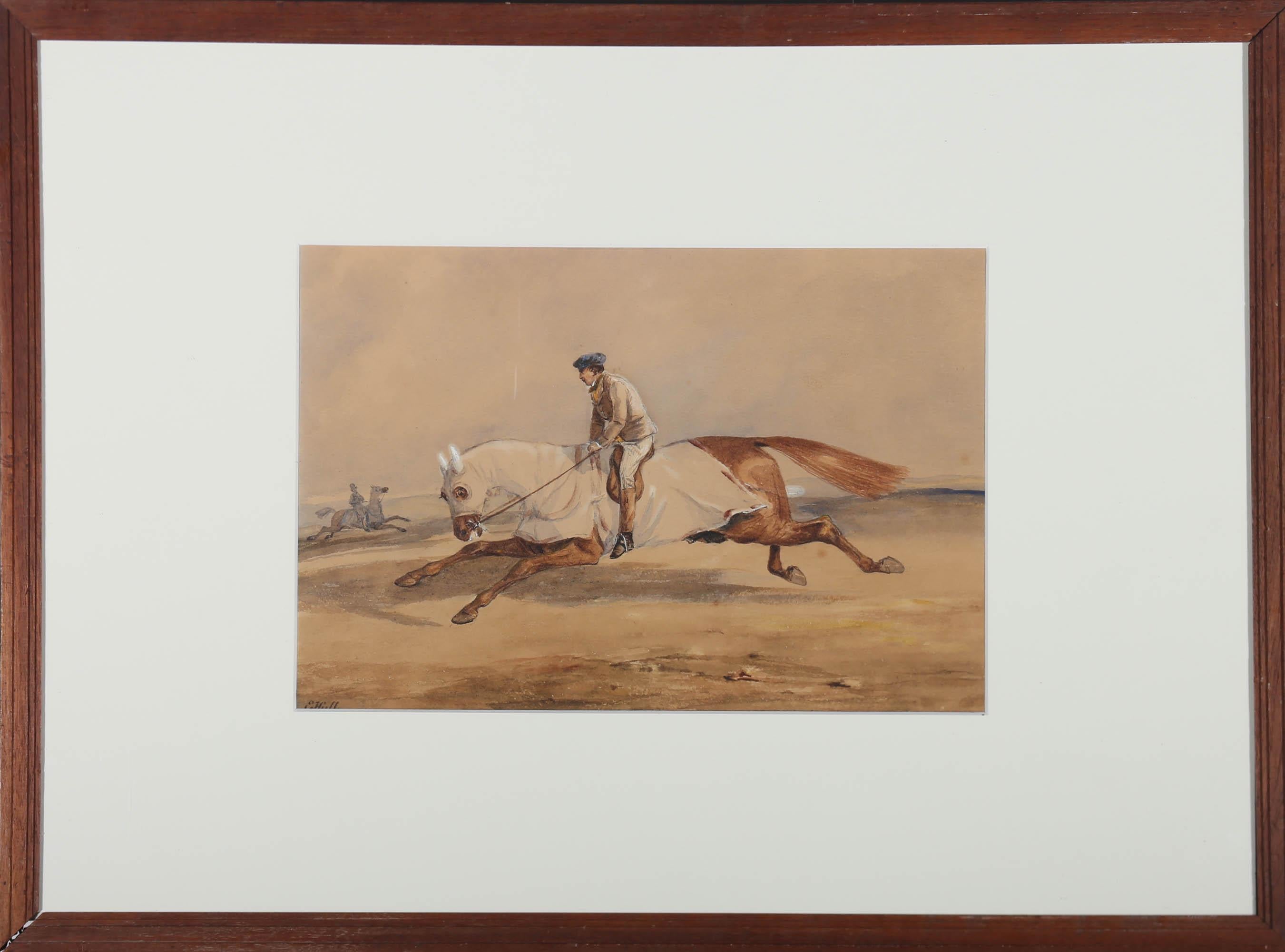Esta encantadora acuarela muestra a un firme jinete que ejercita al caballo de carreras de su dueño con una zancada fuerte y galopante. La acuarela está firmada en la parte inferior izquierda. Inmaculadamente presentada en una montura blanca nítida