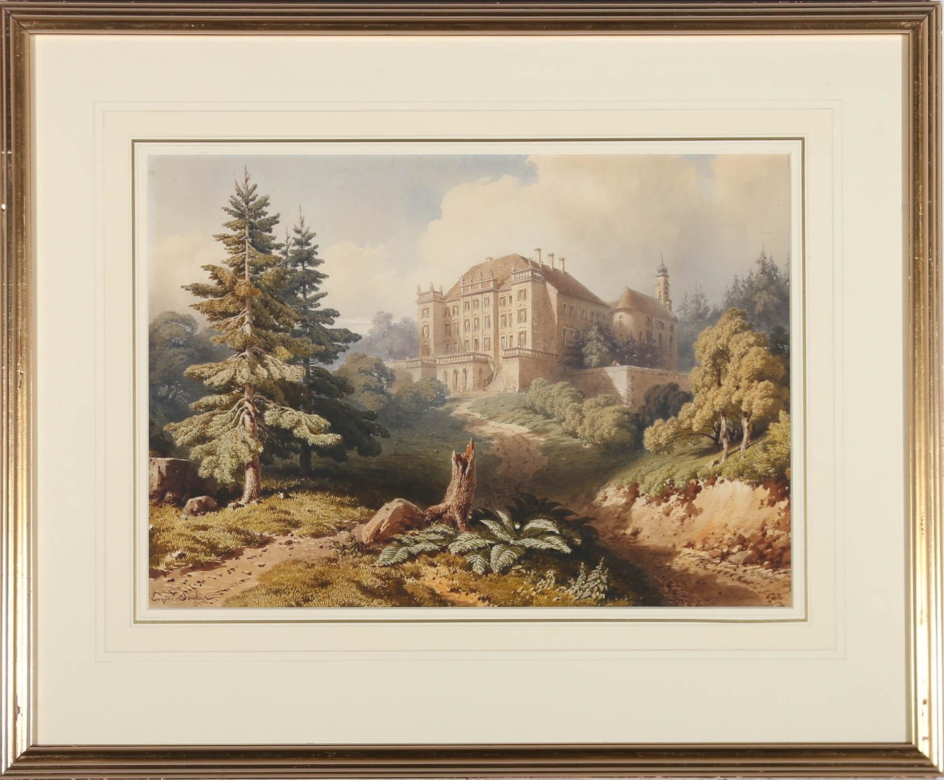 A striking early 19th Century watercolour view of the impressive Château de Kirchberg in Germany. The scene shows the castle nestled in rocky, verdant grounds with forests all around. Sun pours down onto the facade and two figures can be seen on a