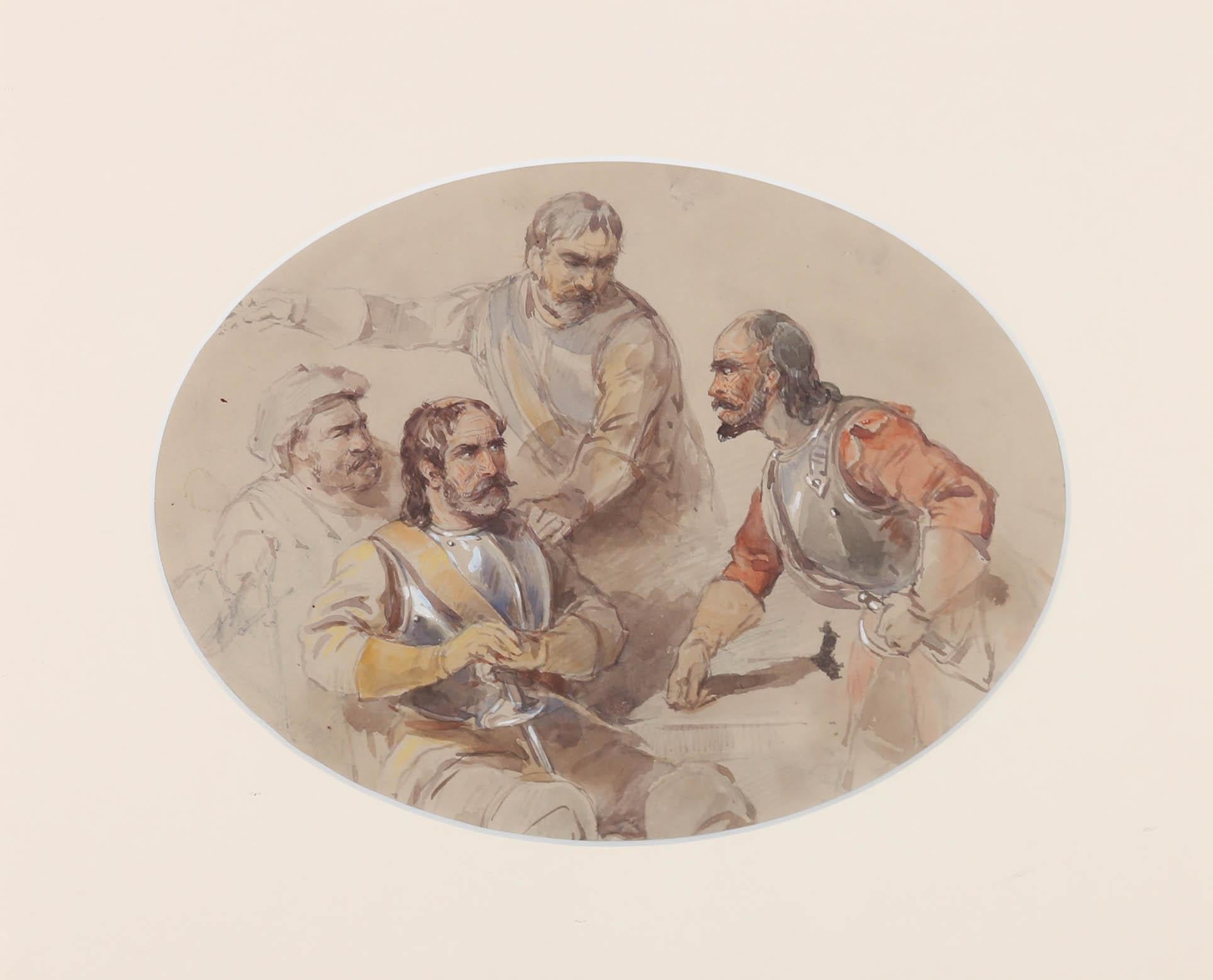 An engaging graphite and watercolour study of two strong willed cavaliers having a disagreement. Painted in the manner of British illustrator and watercolourist, George Cattermole (1800-1868). The watercolour sits in an oval card mount and slim gilt