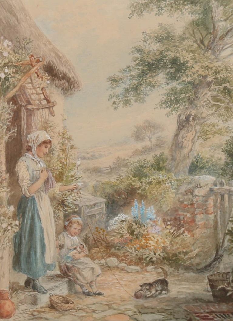 This illustrative watercolour has been painted in the delicate style of renowned genre artist, Myles Birket Foster (1825-1899). The scene carefully depicts a mother teasing a mischievous kitten from her cottage porch, with her young daughter sat