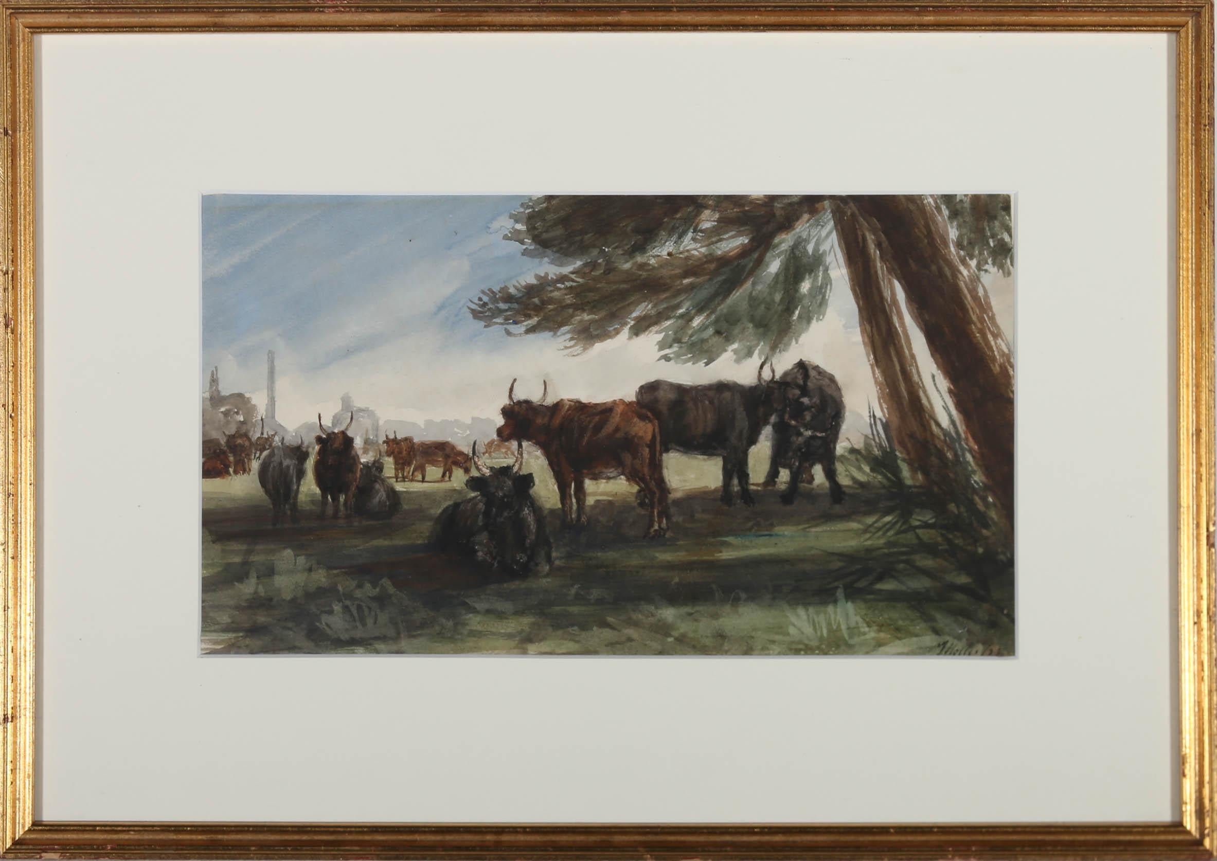 This fine watercolour by Thomas Hollis (1818-1843) shows a herd of red and black cattle grazing in a pastoral landscape. The painting has been signed and dated to the lower right. Beautifully mounted in a slim gilt frame with a Beaufort Gallery