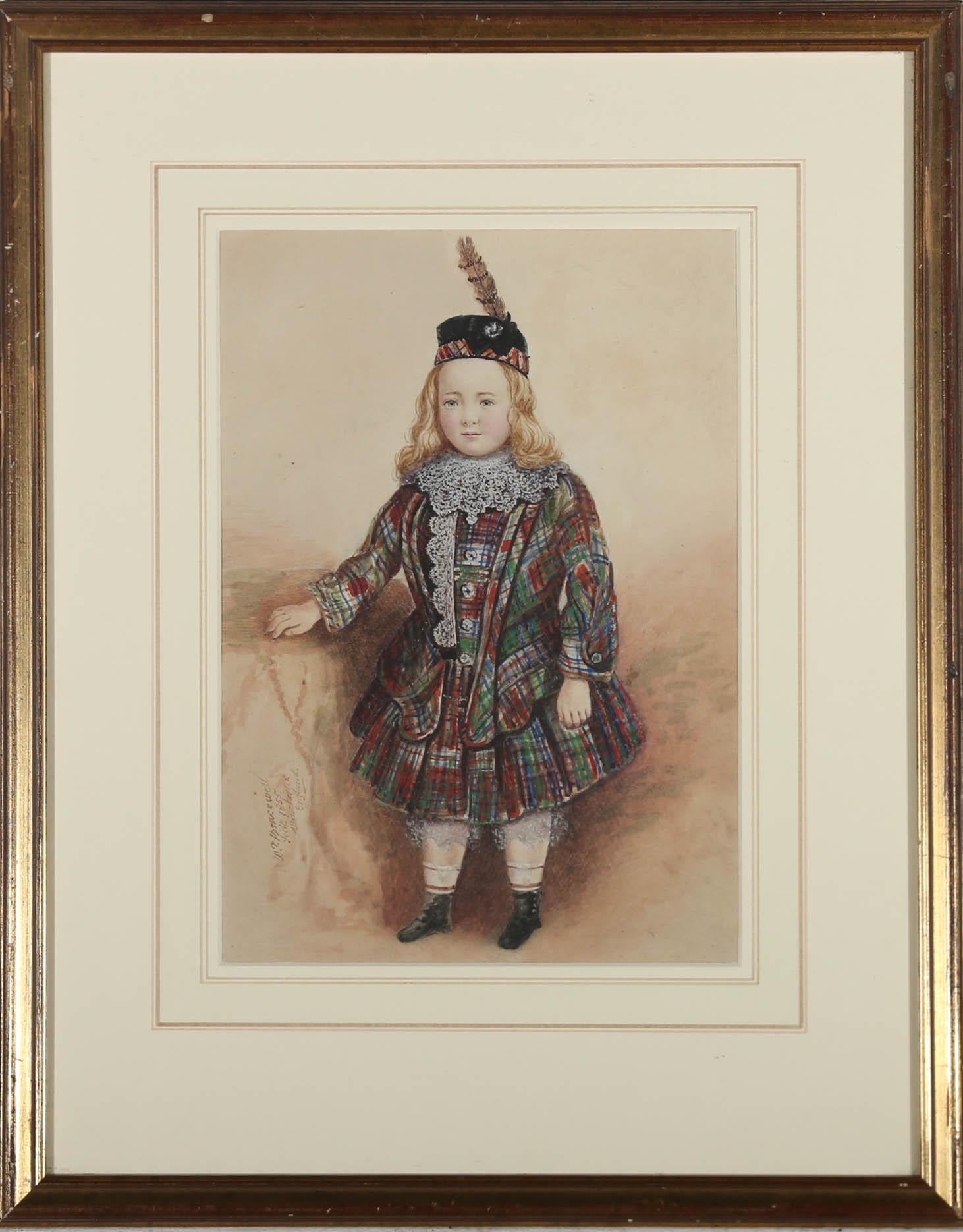 Ganzseitiges, sehr detailliertes Aquarellporträt eines Kindes in traditionellem Schottenkaro. Signiert und datiert (1855) unten links. Fein präsentiert in einem schlanken vergoldeten Rahmen mit einem ergänzenden Passepartout. Auf dem Papier.