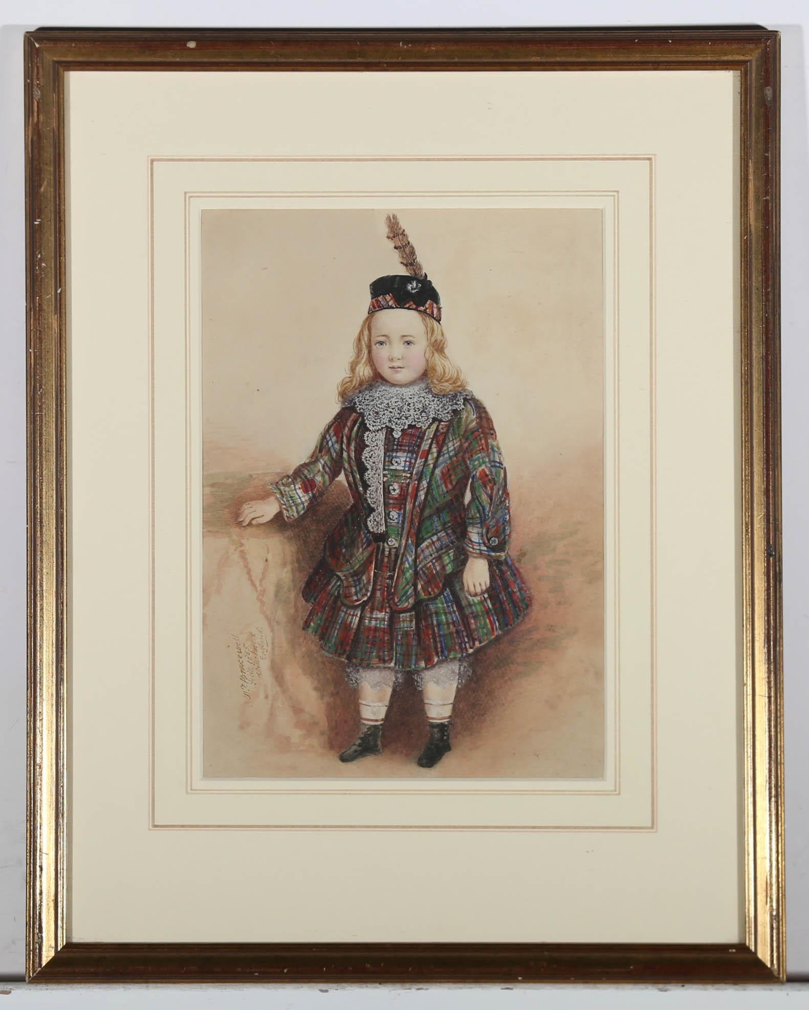 A full length and highly detailed watercolour portrait of a child wearing traditional tartan. Signed and dated (1855) to the lower left. Finely presented in a slim gilt frame with a complimenting mount. On paper.