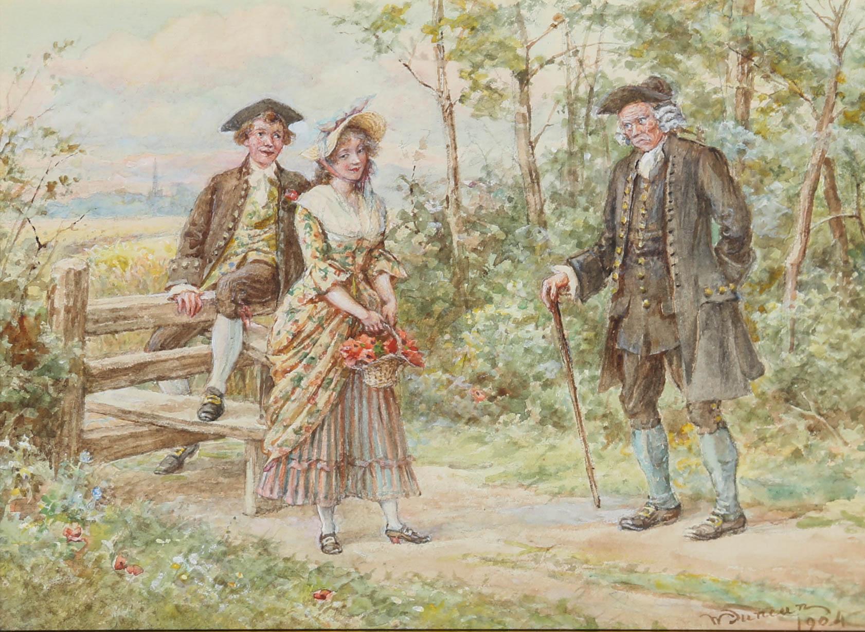 A charming watercolour scene depicting two young lovers on a country walk under the disapproving watch of a steward, Signed and dated to the lower right. Presented in a decorative gilt frame. On paper. 
