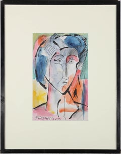 Vintage Jerzy Faczynski (1917-1995) - 1973 Watercolour, Face in Orange and Blue