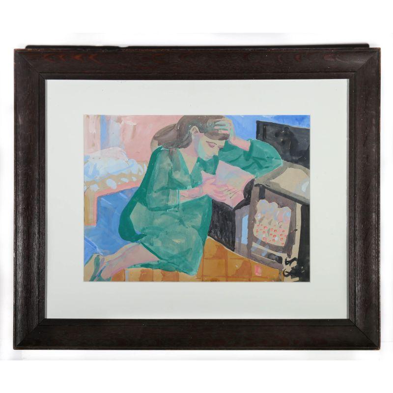 Austin Taylor (1908-1992) - Framed Mid 20th Century Gouache, Reading by the Fire For Sale 1