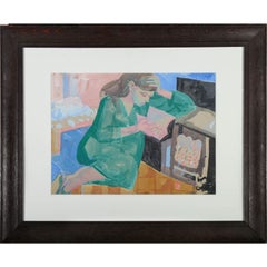 Vintage Austin Taylor (1908-1992) - Framed Mid 20th Century Gouache, Reading by the Fire