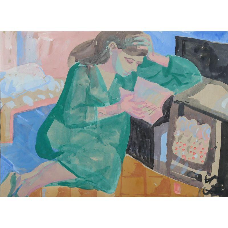 A charming gouache and watercolour scene showing a female in green, reading a book next to a glowing gas fueled fire. The artist's vibrant colours elevate the interior, and the intimate nature of subject adds a wholesome touch to the artwork.