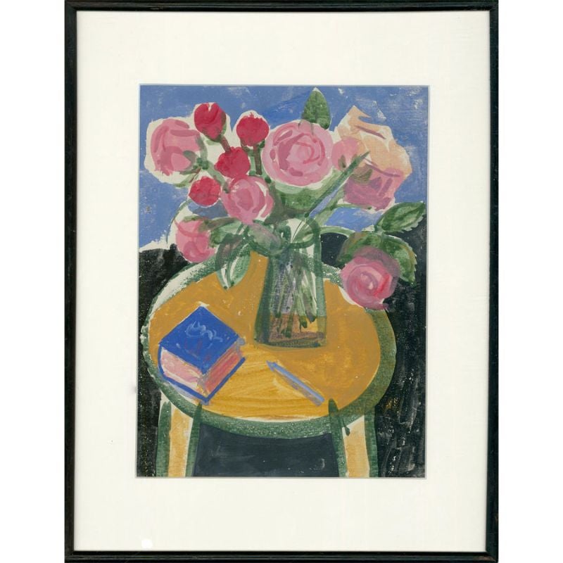 This sumptuous array of summer roses offers the perfect mix of flowers and foliage in this stylish coffee table display. Unsigned. Newly mounted in a slim black frame. On paper.
