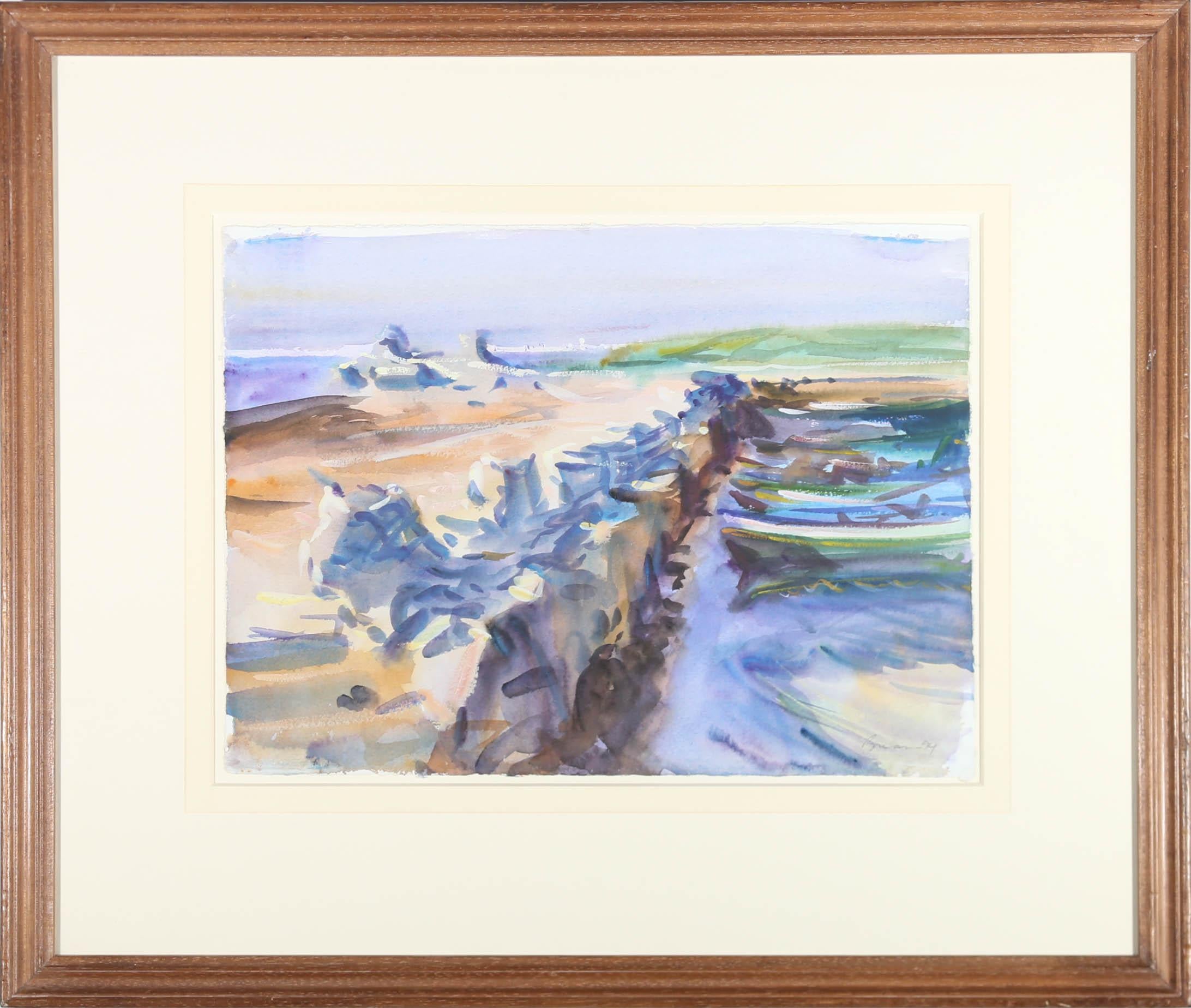 A charming 20th Century watercolour coastal scene showing boats resting on the sands of the Corfu coastline. The artist has signed and dated to the lower right and the painting has been presented in a simple wood frame with wash line mount. On