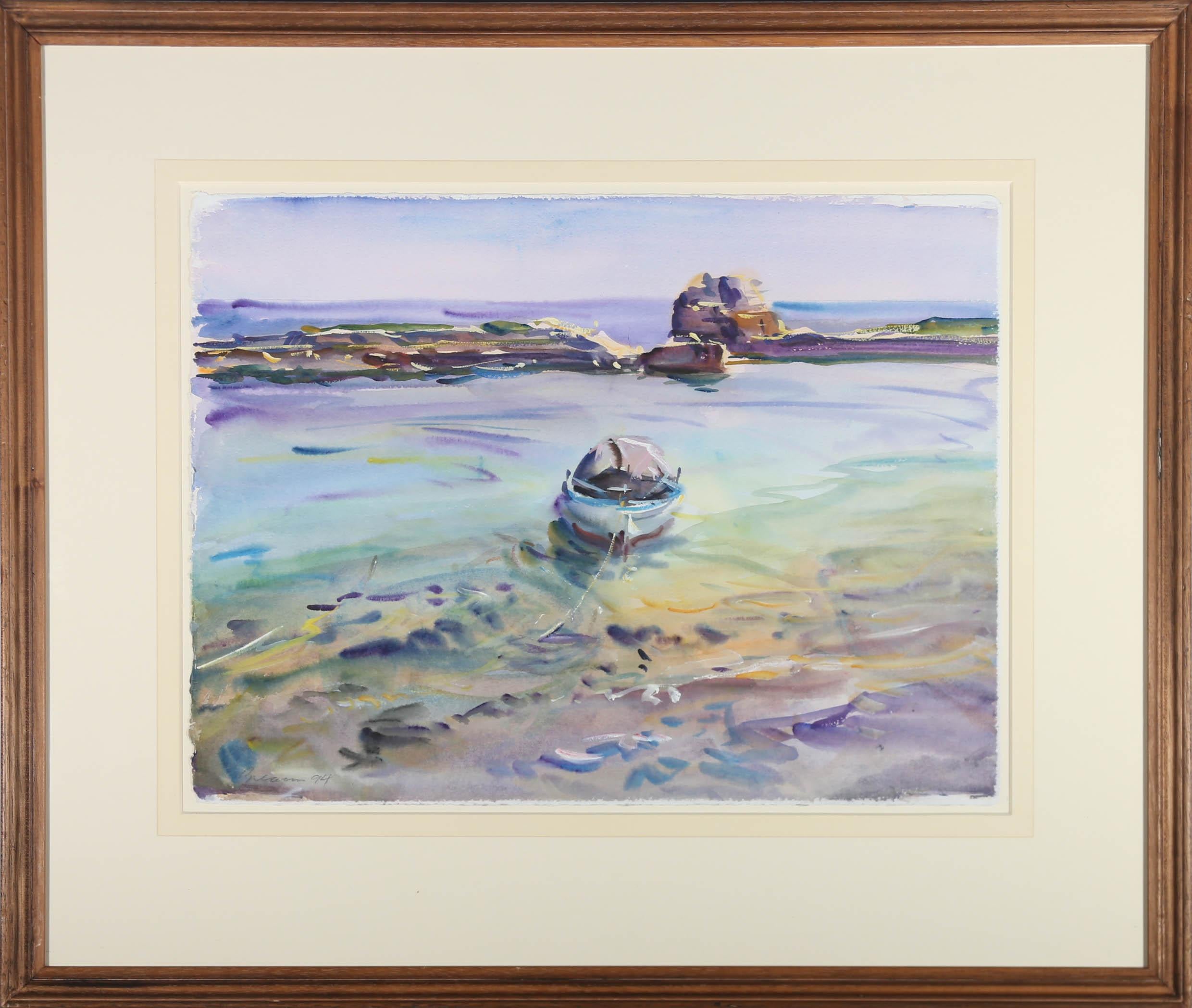 A charming impressionistic watercolour coastal scene showing the picturesque coastline of Corfu with a rowing boat anchored in the shallows. The artist has signed and dated to the lower left and the painting has been presented in a simple wood frame