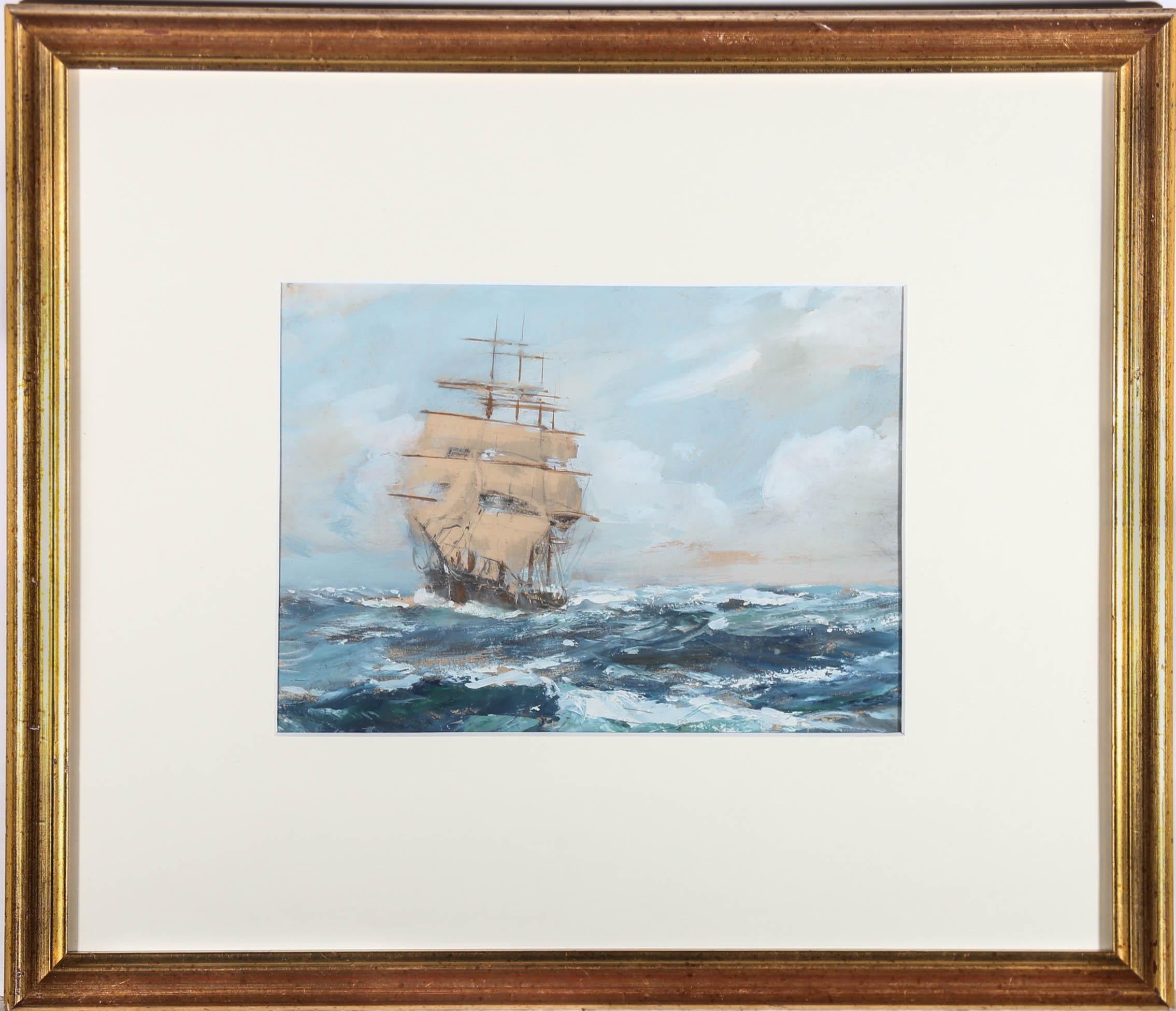 A view of a lone clipper traversing choppy seas. Newly mounted in a contemporary gilt frame. Inscribed verso with the artist's pseudonym A.D Bell. On paper.
