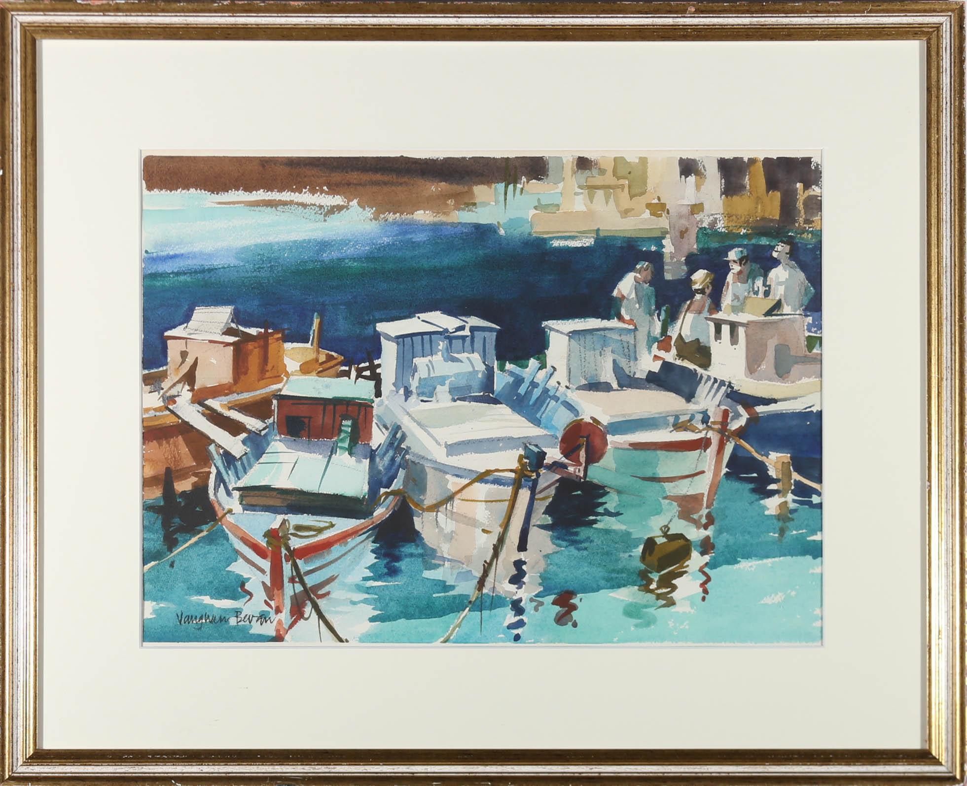Reminiscent of holiday views, this fine watercolour depicts several fishing boats moored in a Greek harbour, surrounded by beautiful turquoise water. Signed to the lower left. Elegantly presented in a contemporary gilt frame with a crisp white