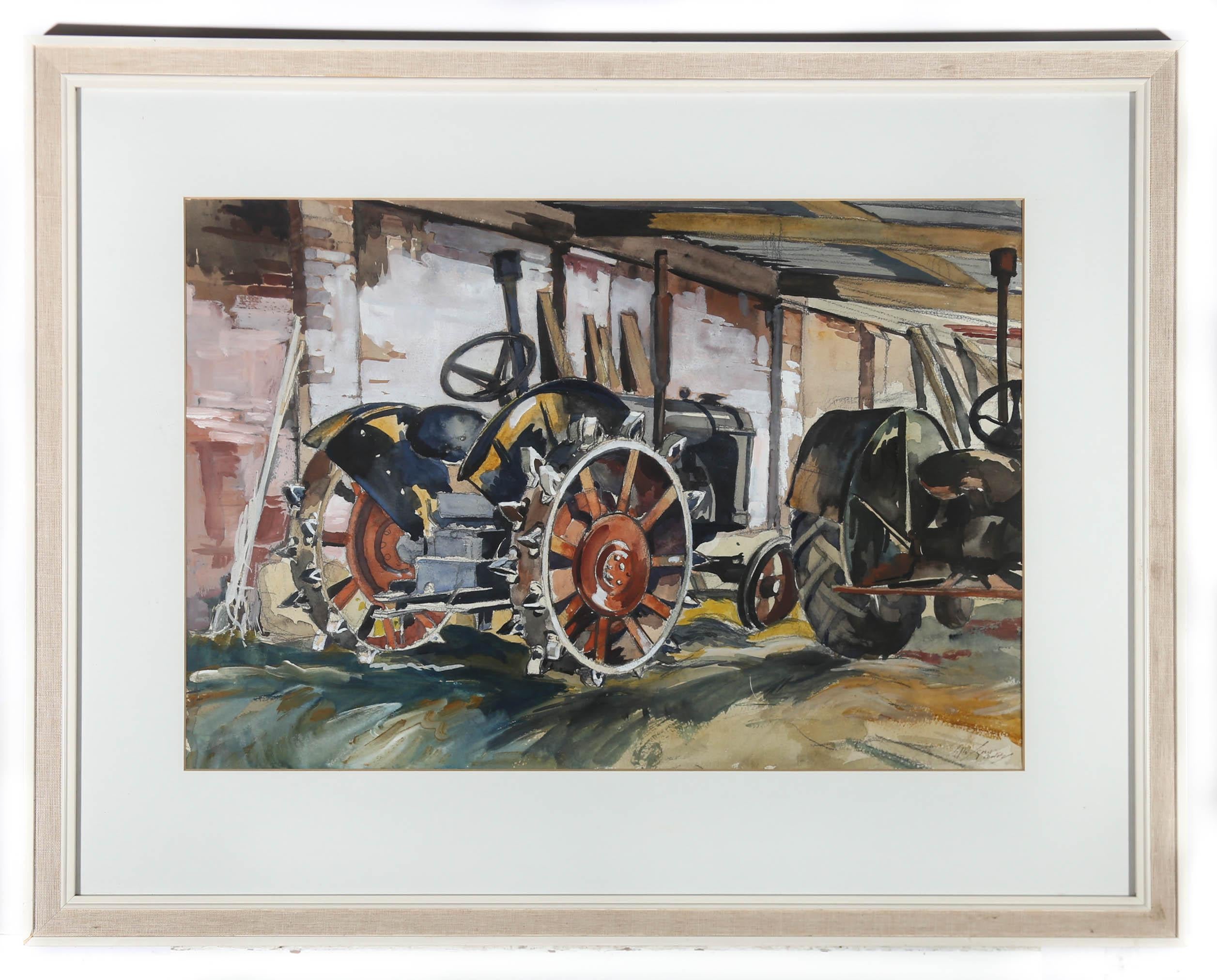This charming watercolour shows a vintage Coates tractor protected from the elements in a farmer's shed. The artist has initialed and inscribed to the lower right, and the painting has been presented in a 20th Century white frame with linen detail