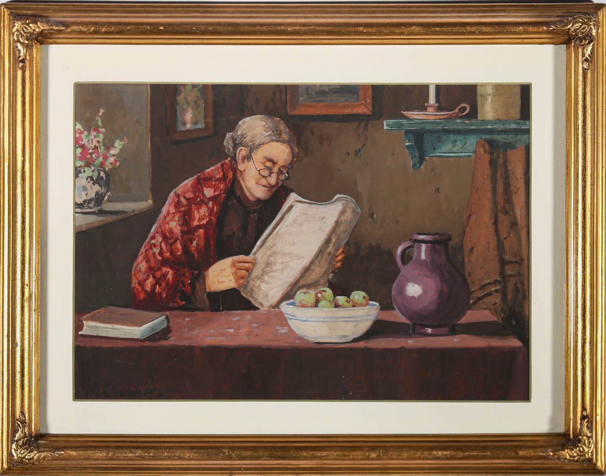 A thoroughly charming interior scene in gouache, by early 20th century artist A. Chambers. Here, an elderly women is pictured at her kitchen table, reading today's paper in the morning light. Chambers has managed to capture a wonderful life like