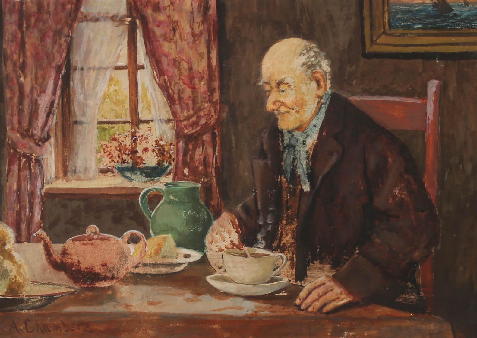 A thoroughly charming interior scene in watercolour, by early 20th century artist A. Chambers. Here, an elderly man is pictured enjoying a generous cup of tea and a slice of cake in an all frills dining room interior. Chambers has mastered a