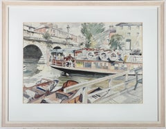 E.J.W - Aquarelle encadrée du 20e siècle, pont pliant