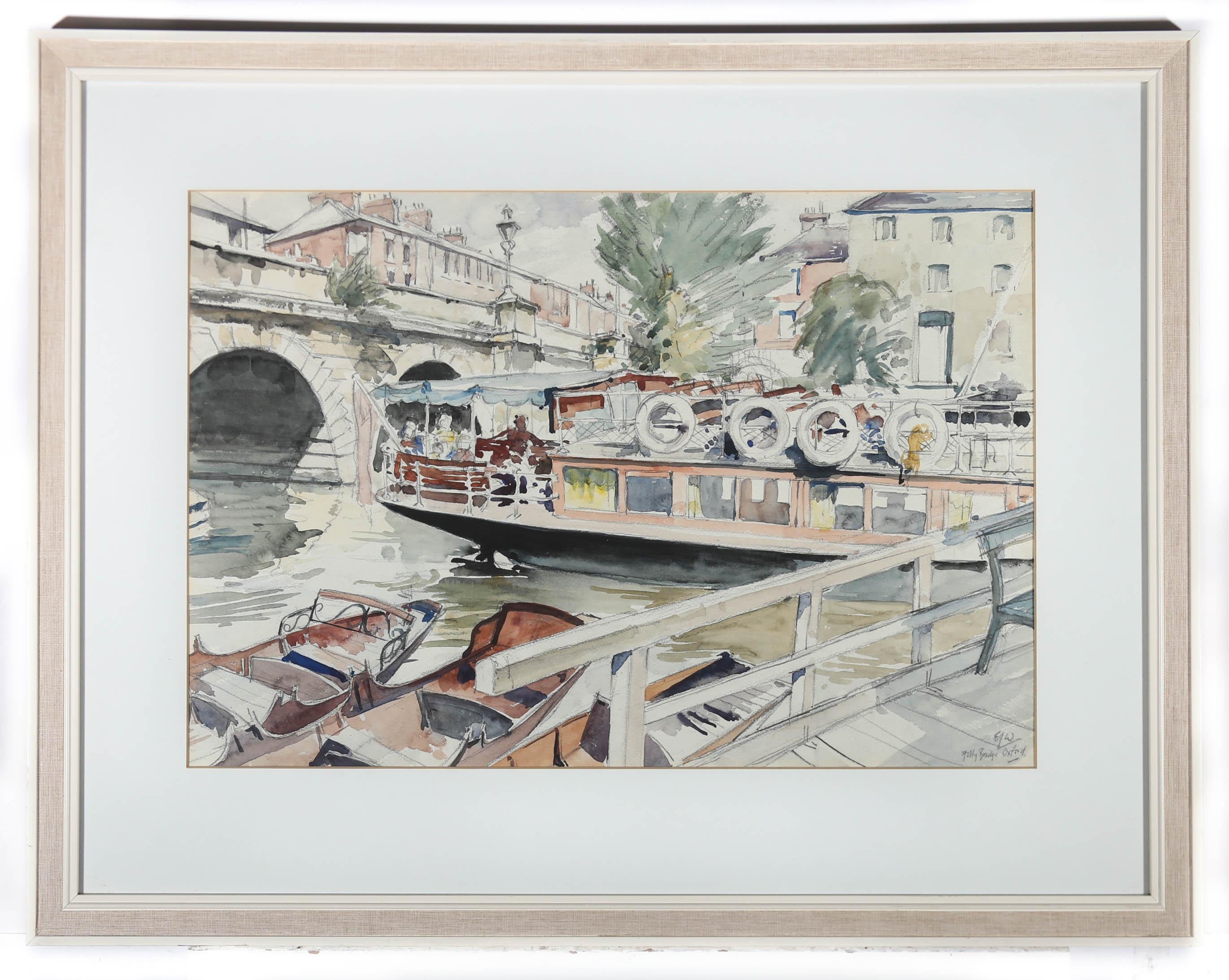 A charming Thames watercolour showing Folly Bridge in Oxford, with an empty canal boat passing through its arches. The artist has initialed and inscribed to the lower right, and the painting has been presented in a 20th Century white frame, with