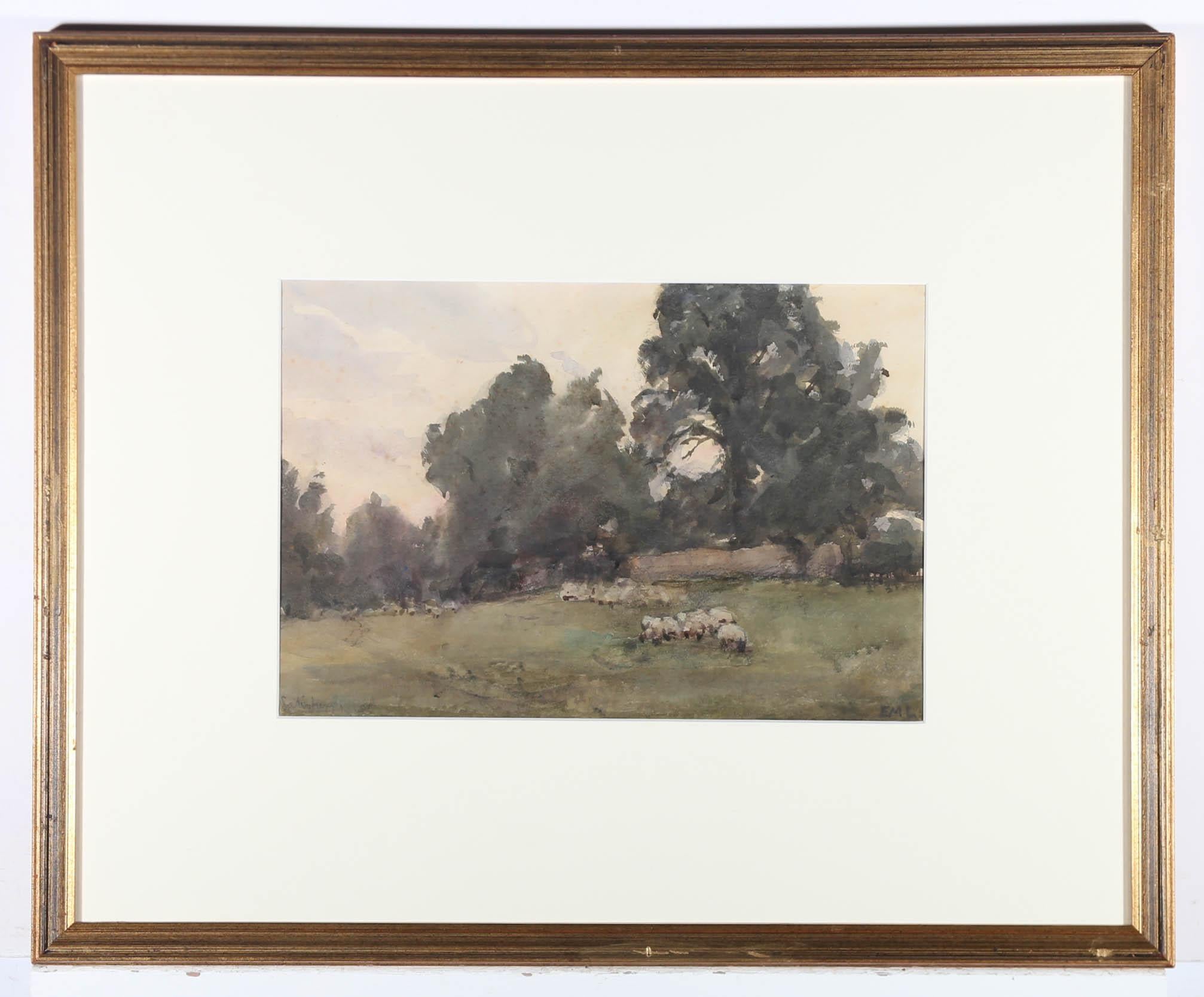 A fine late 19th century watercolour depicting a flock of Suffolk sheep grazing in a tree lined landscape. The artist has captured the scene in a soft impressionistic style, delicately painted in a select palette of colours. Signed with initials to