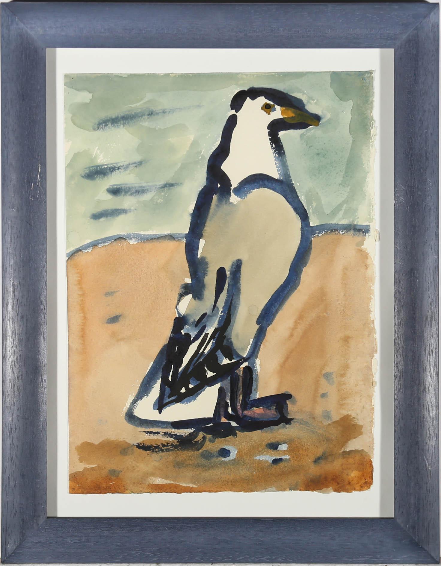 An original watercolour by contemporary artist Michael Davies (b.1947) depicting a confident sea gull, standing tall on a sandy seaside beach. Beautifully mounted on white card in a complimenting stained wood frame. Signed, inscribed and dated by